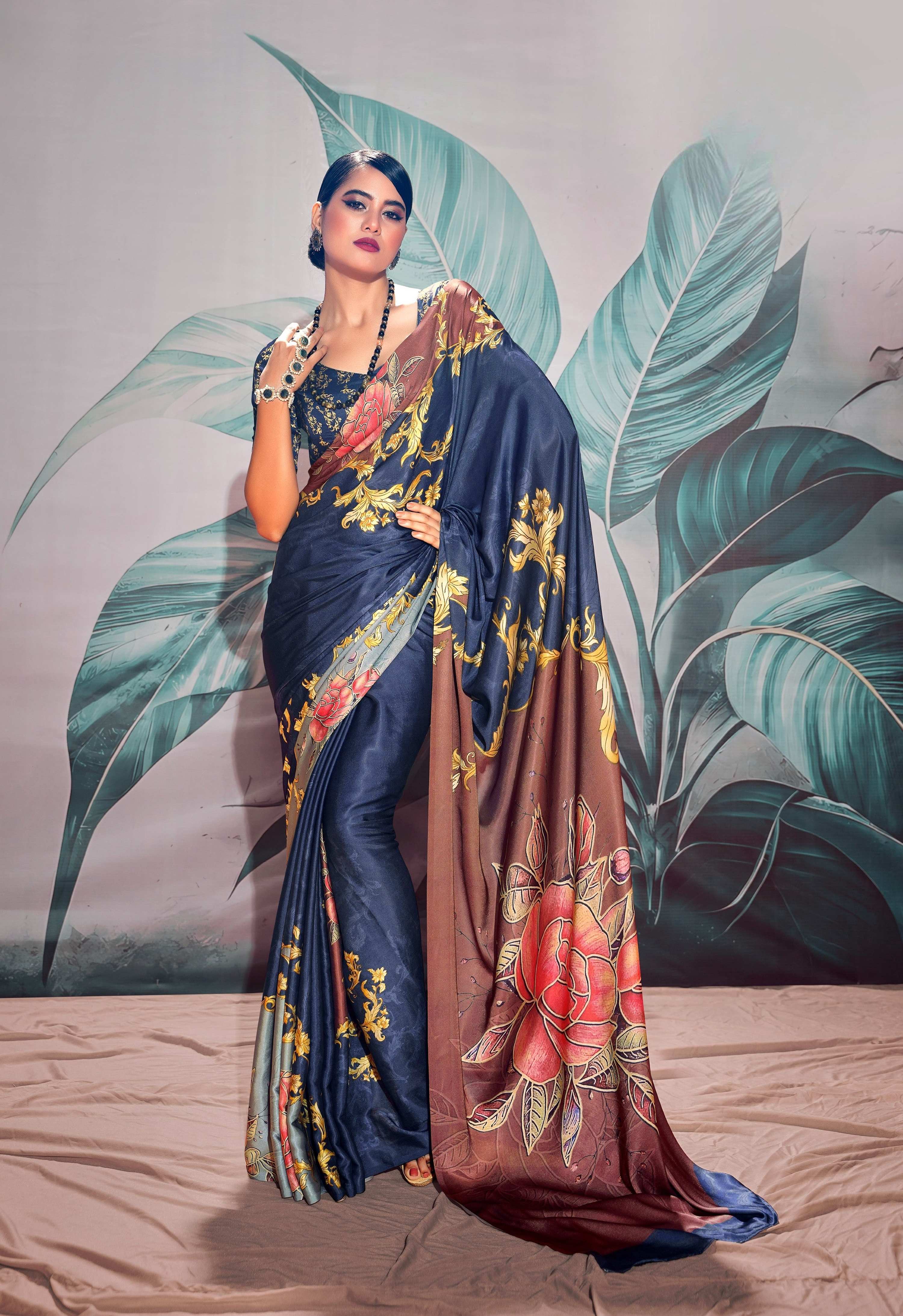 Anaita Navy Blue Pure Satin Silk With Zari Weaving Saree With Blouse