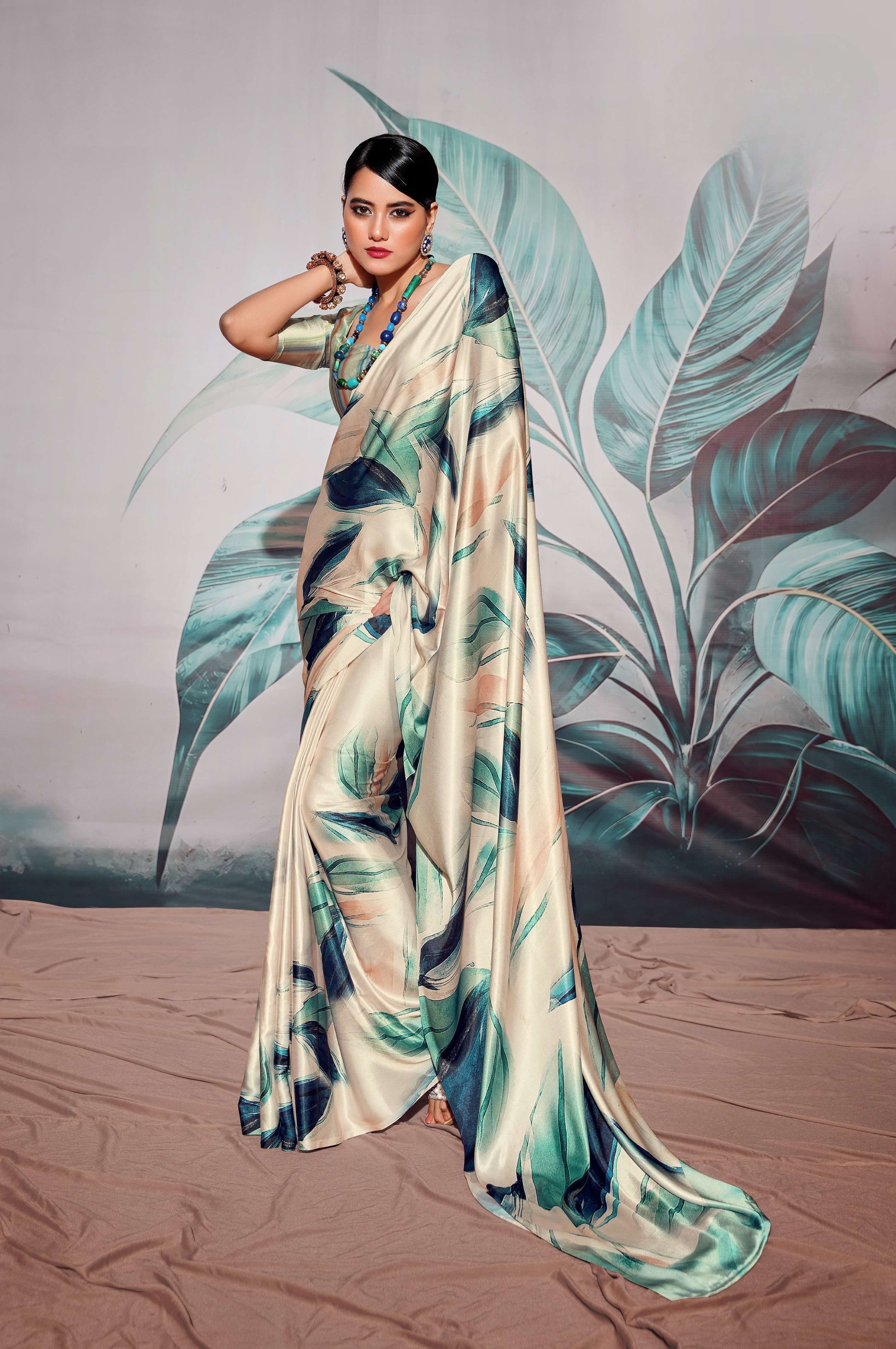 Anaita Off White Pure Satin Silk With Zari Weaving Saree With Blouse