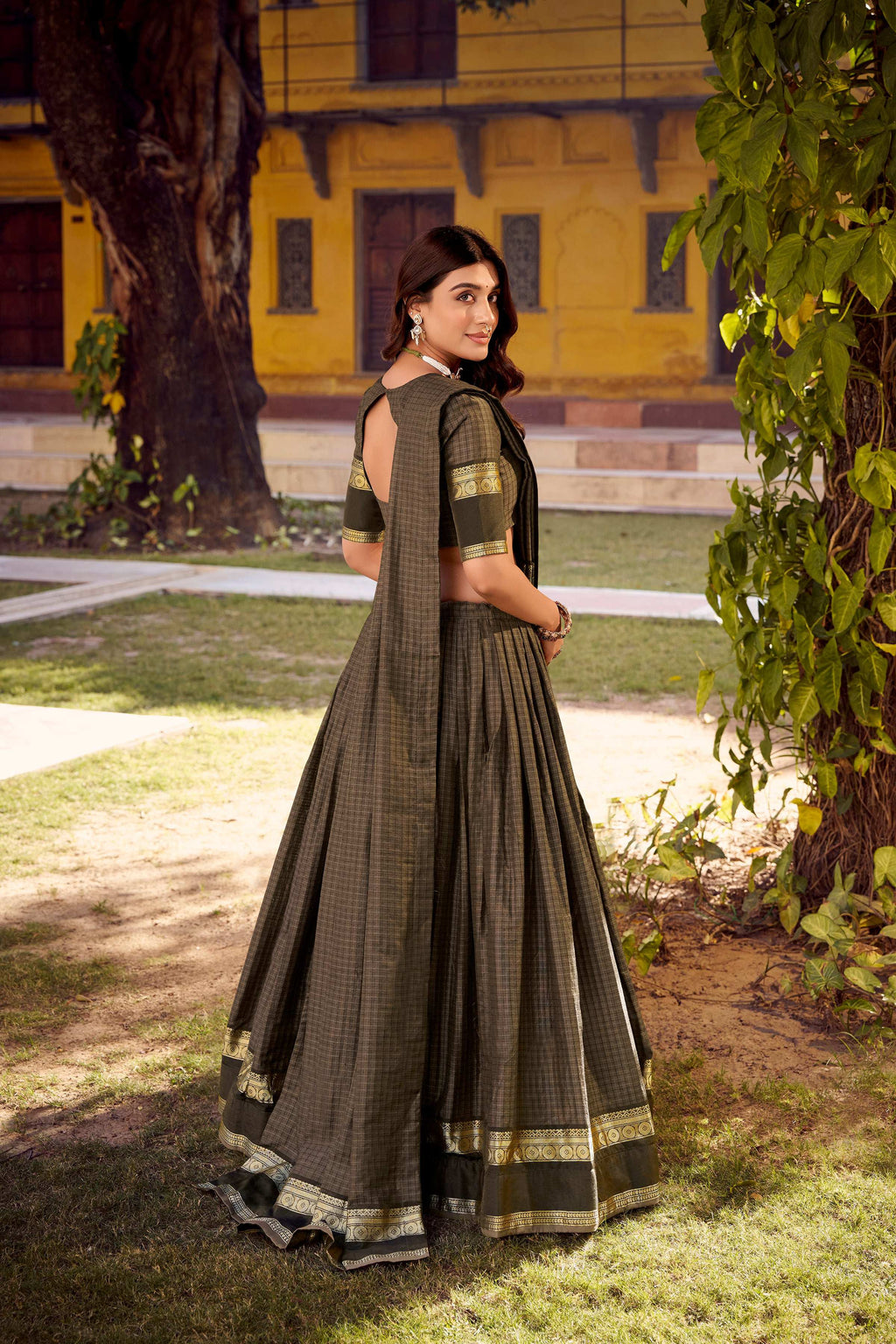 Evanik Grey Cotton With Chex Zari Weaving Lehenga Choli