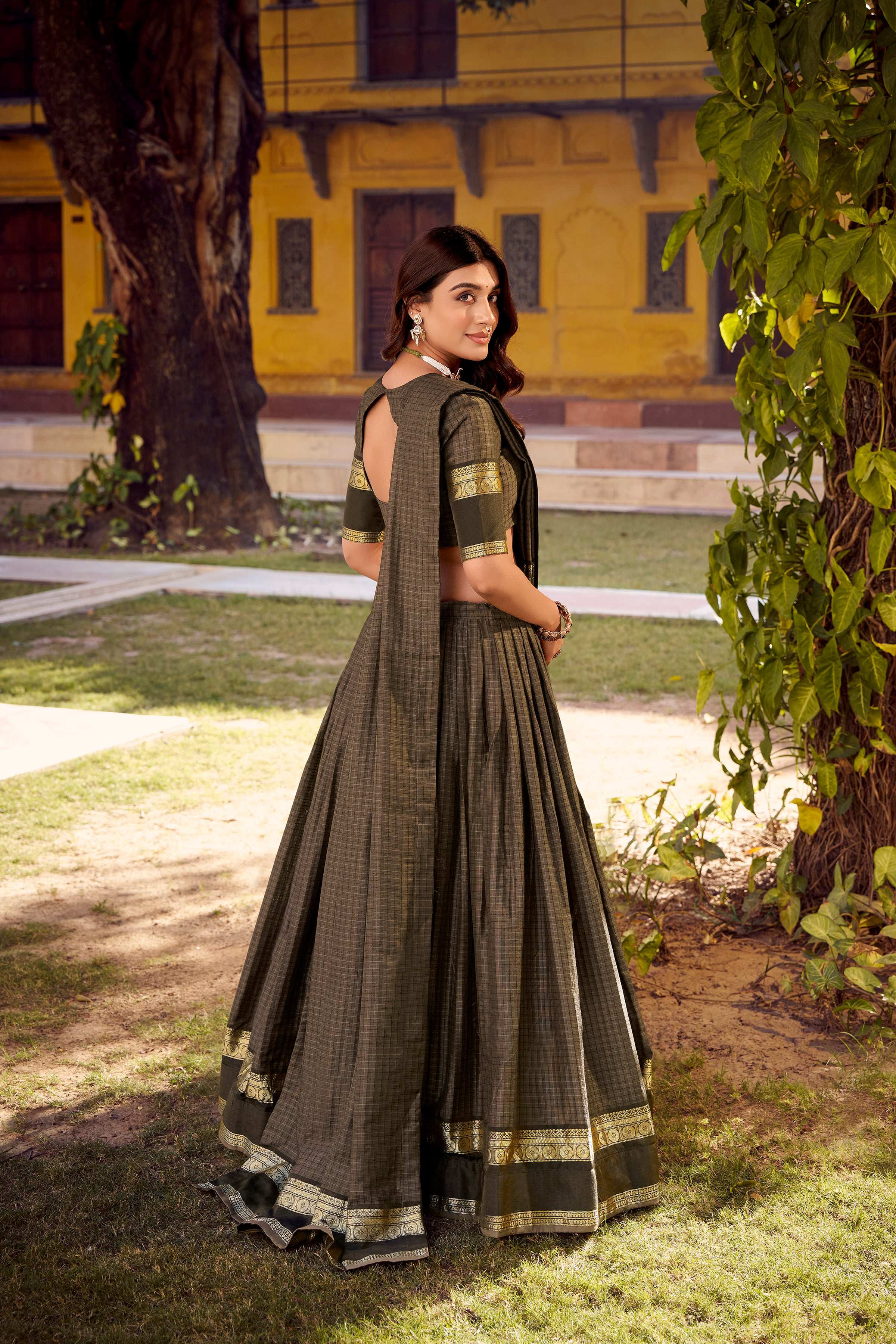 Evanik Grey Cotton With Chex Zari Weaving Lehenga Choli