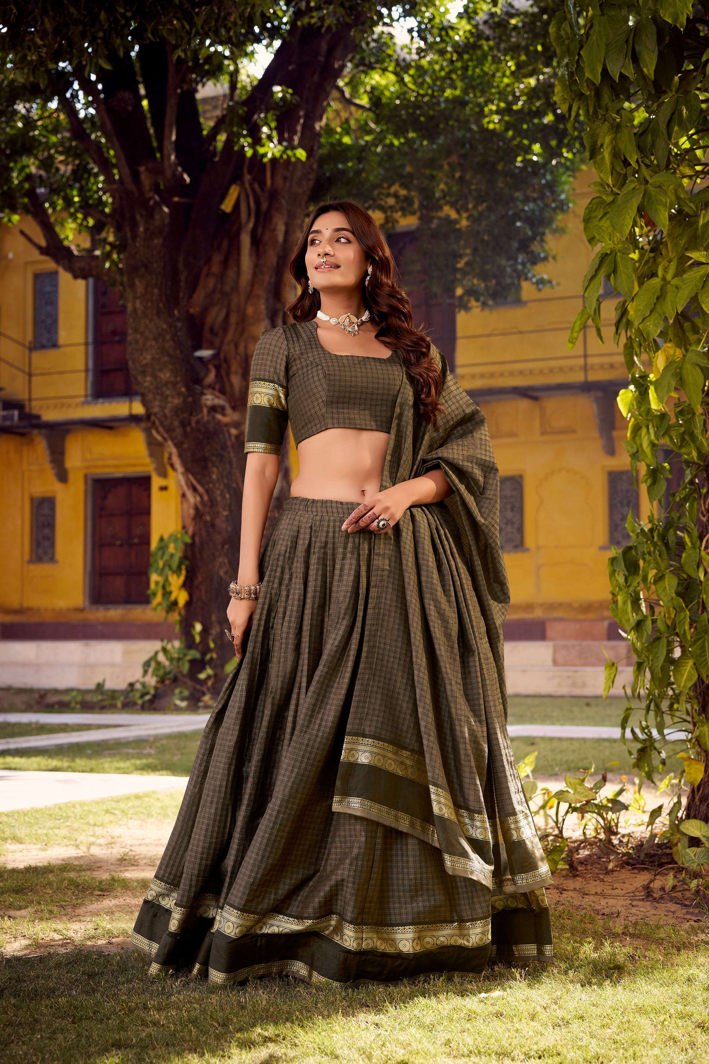 Evanik Grey Cotton With Chex Zari Weaving Lehenga Choli