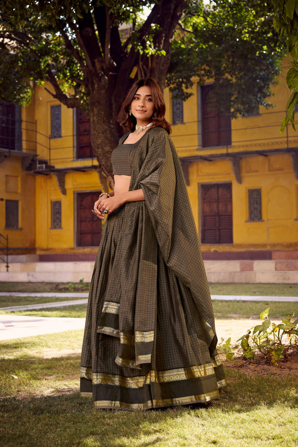 Evanik Grey Cotton With Chex Zari Weaving Lehenga Choli
