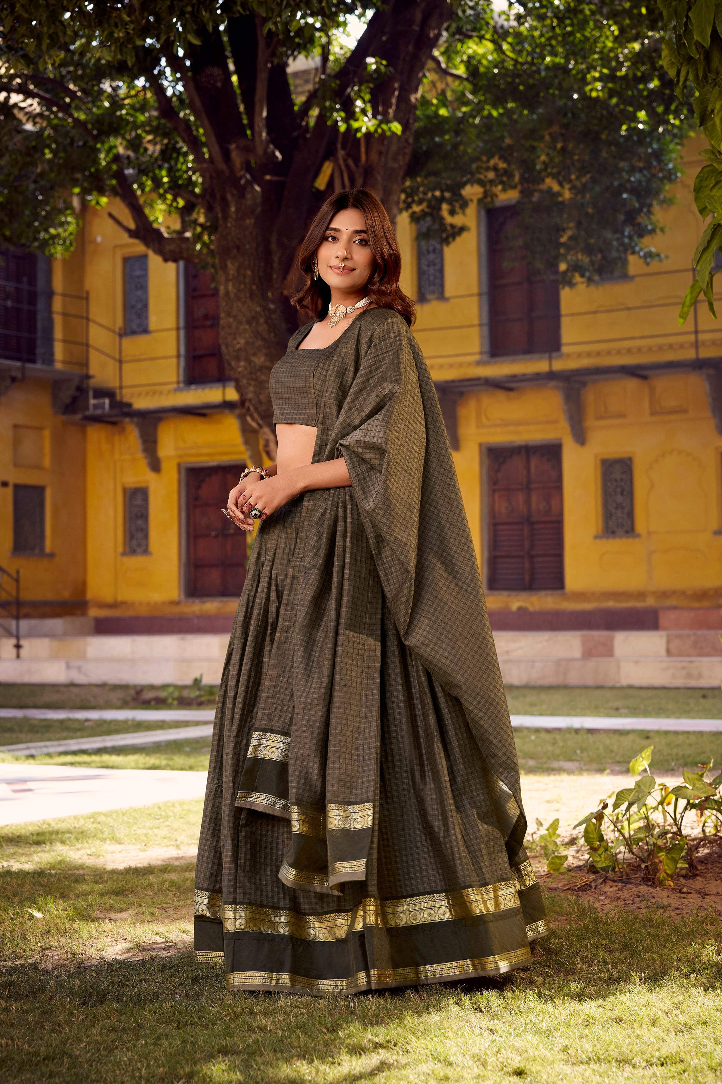 Evanik Grey Cotton With Chex Zari Weaving Lehenga Choli