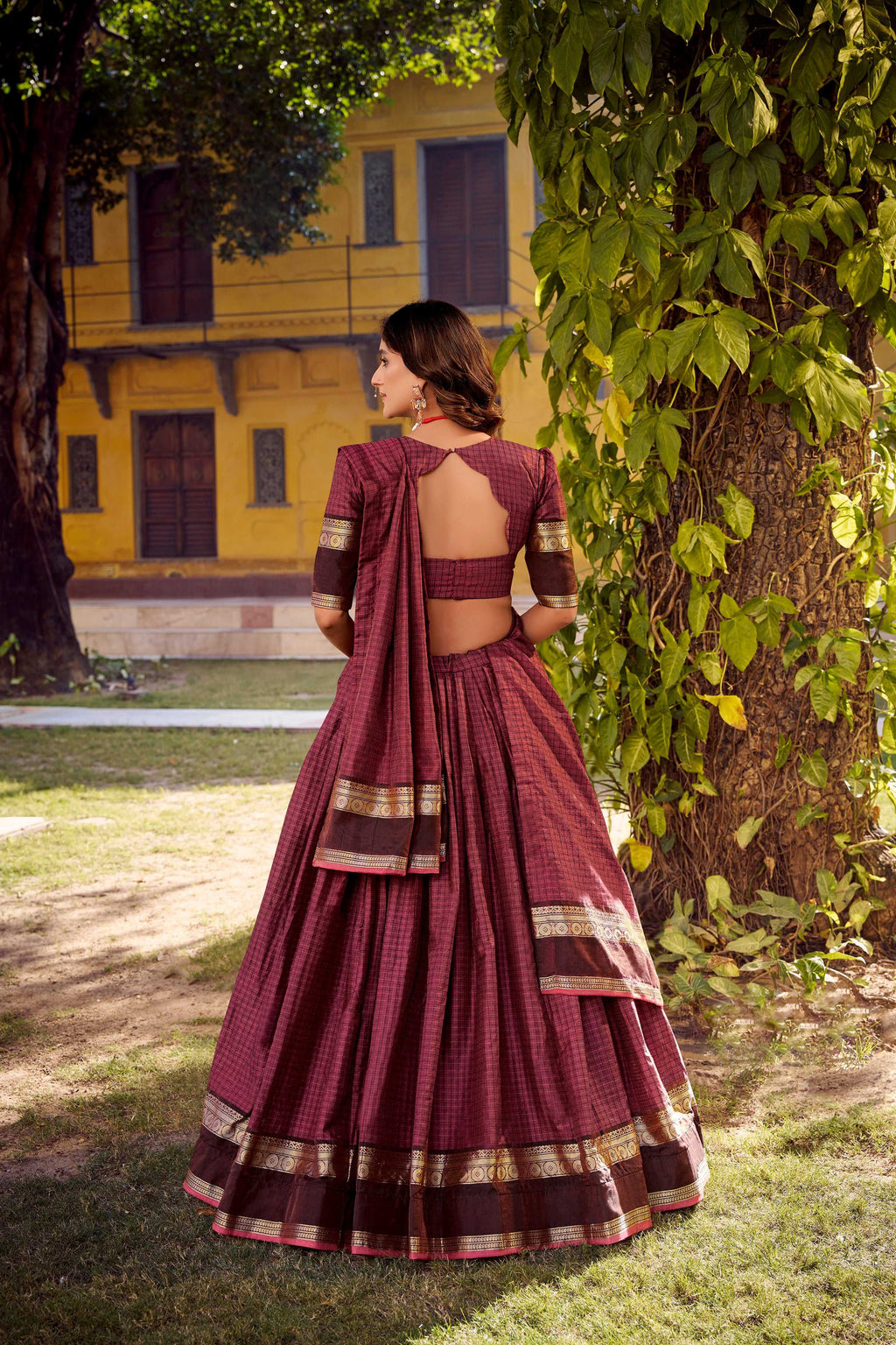 Evanik Burgundy Cotton With Chex Zari Weaving Lehenga Choli