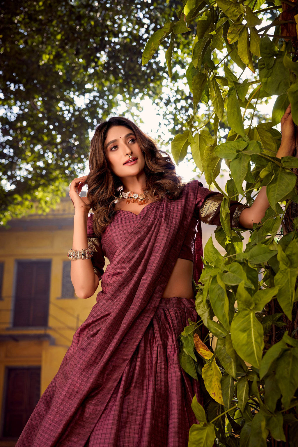 Evanik Burgundy Cotton With Chex Zari Weaving Lehenga Choli