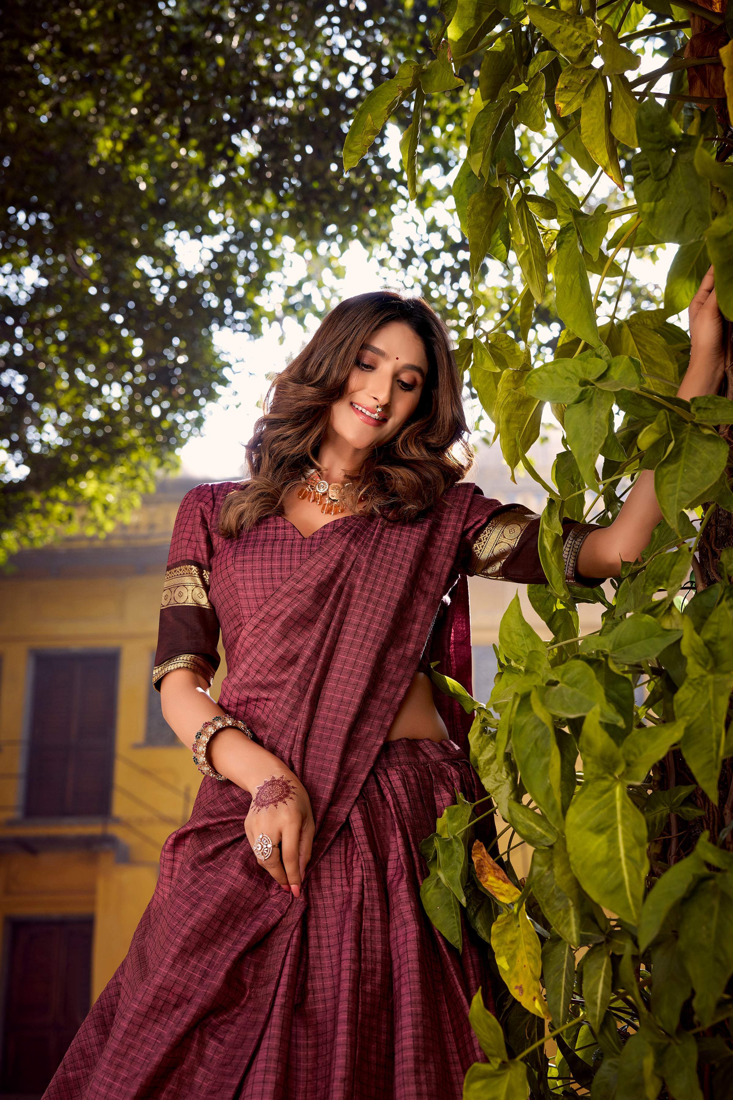 Evanik Burgundy Cotton With Chex Zari Weaving Lehenga Choli