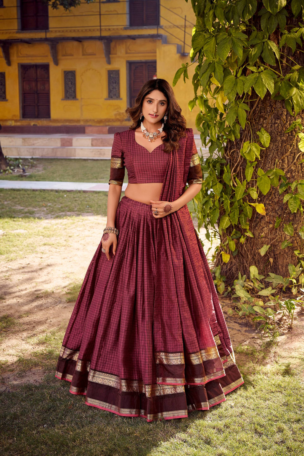 Evanik Burgundy Cotton With Chex Zari Weaving Lehenga Choli