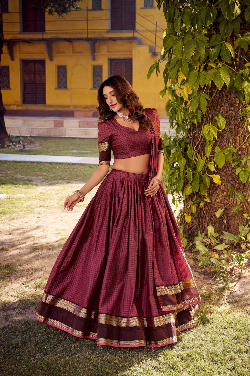 Evanik Burgundy Cotton With Chex Zari Weaving Lehenga Choli