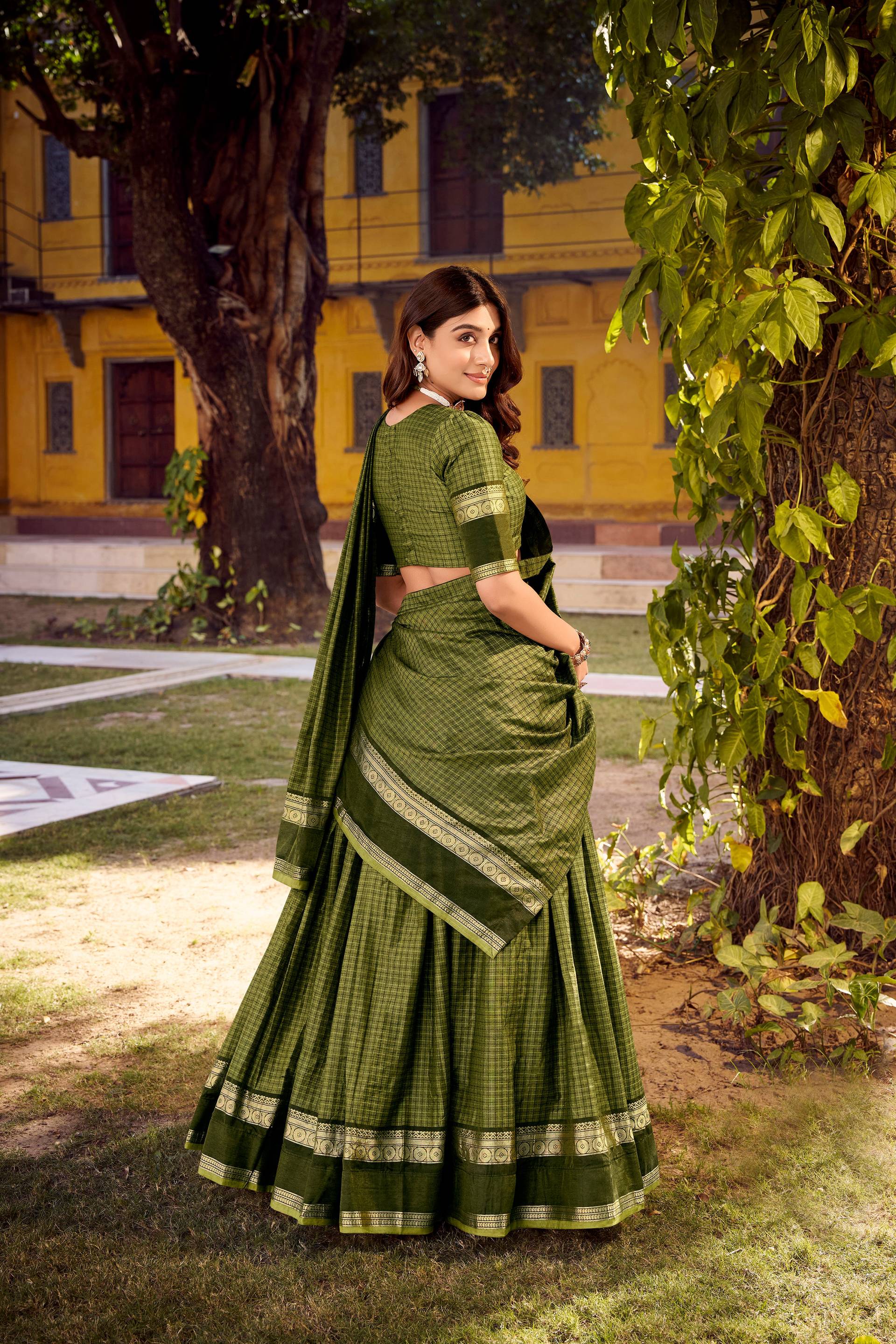 Evanik Mehendi Cotton With Chex Zari Weaving Lehenga Choli
