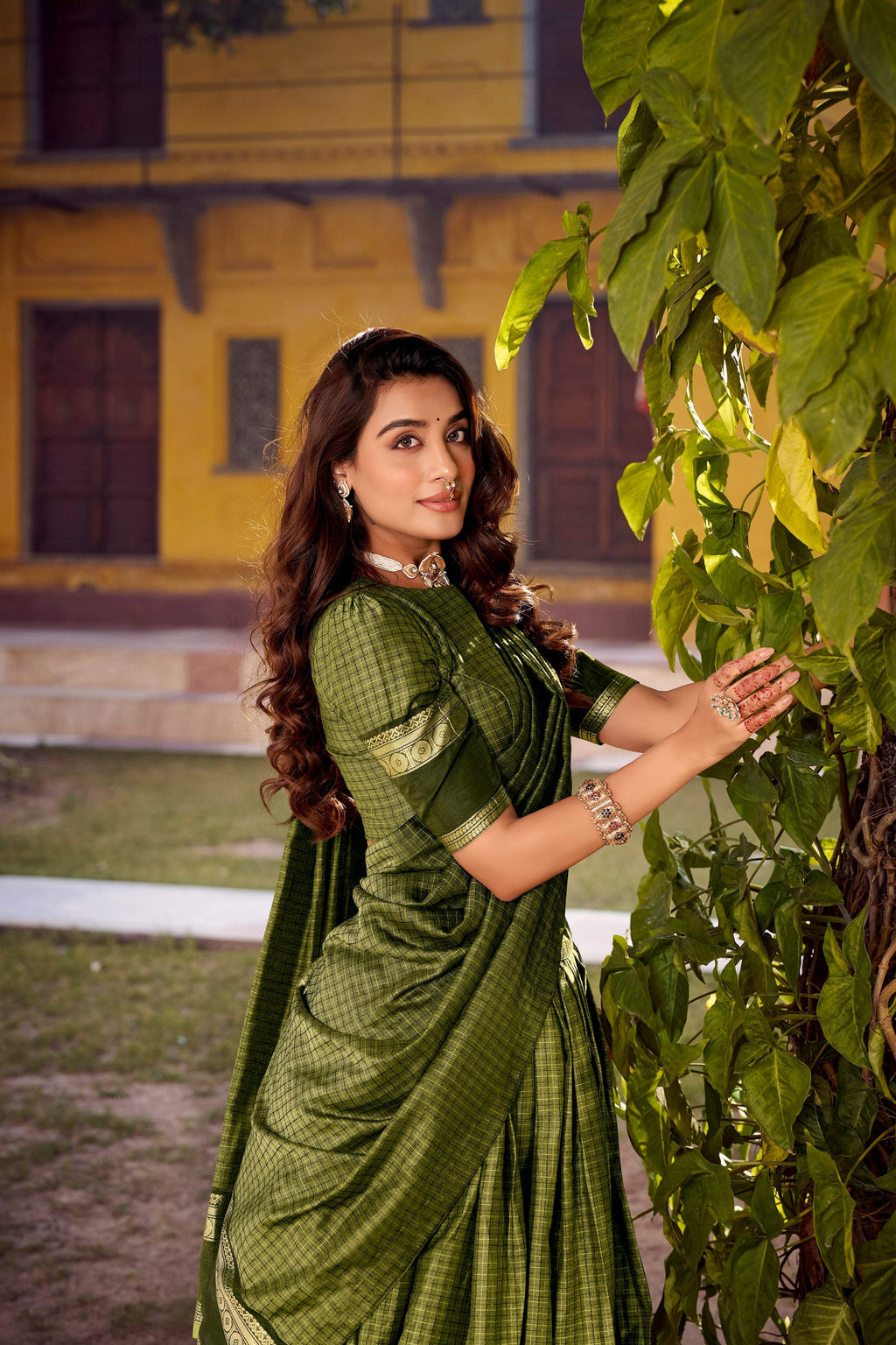 Evanik Mehendi Cotton With Chex Zari Weaving Lehenga Choli