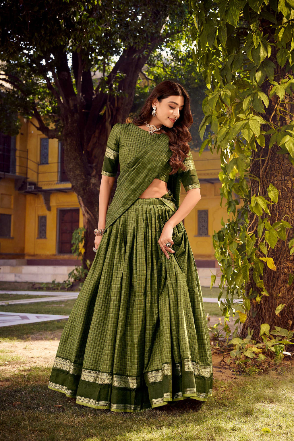 Evanik Mehendi Cotton With Chex Zari Weaving Lehenga Choli