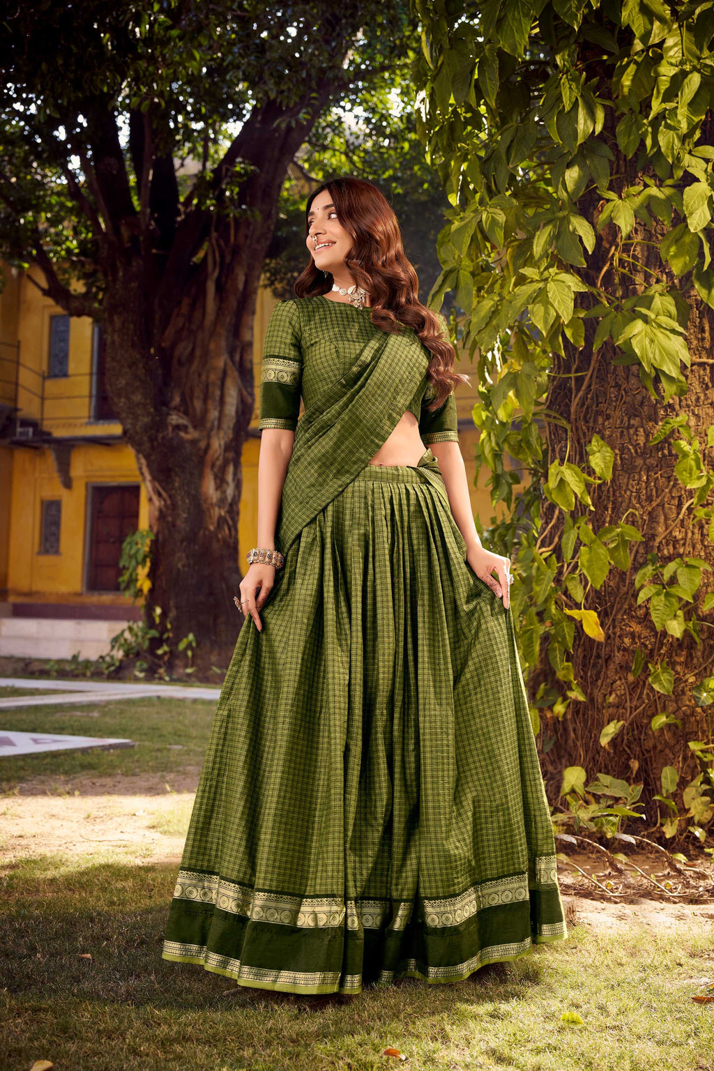 Evanik Mehendi Cotton With Chex Zari Weaving Lehenga Choli