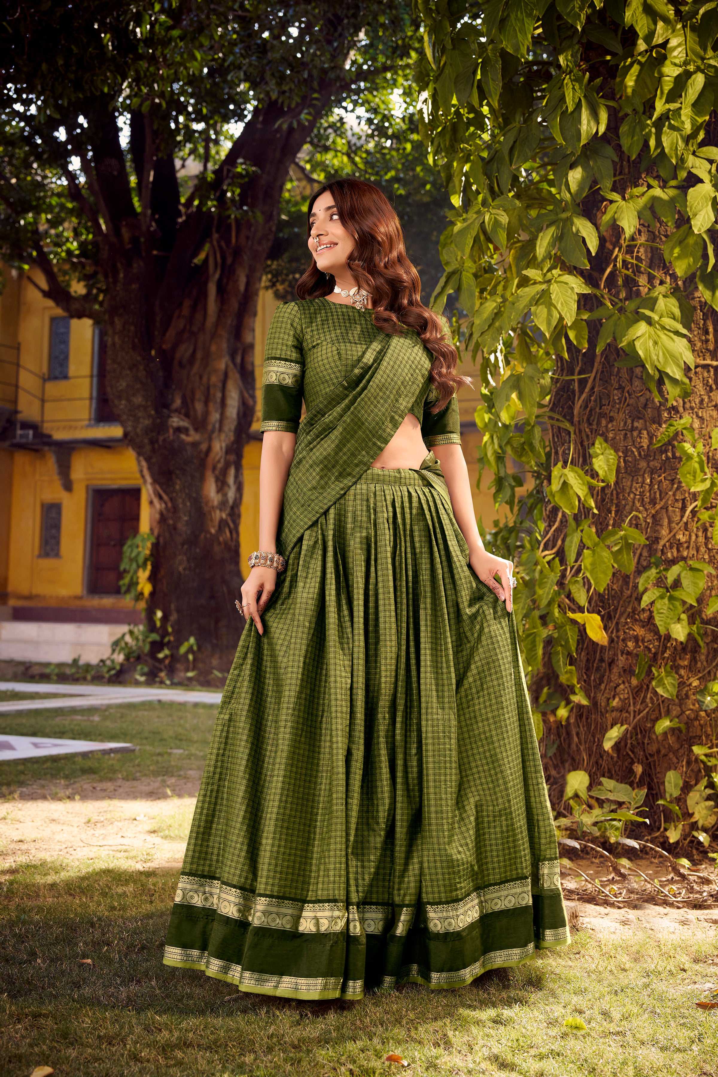Evanik Mehendi Cotton With Chex Zari Weaving Lehenga Choli