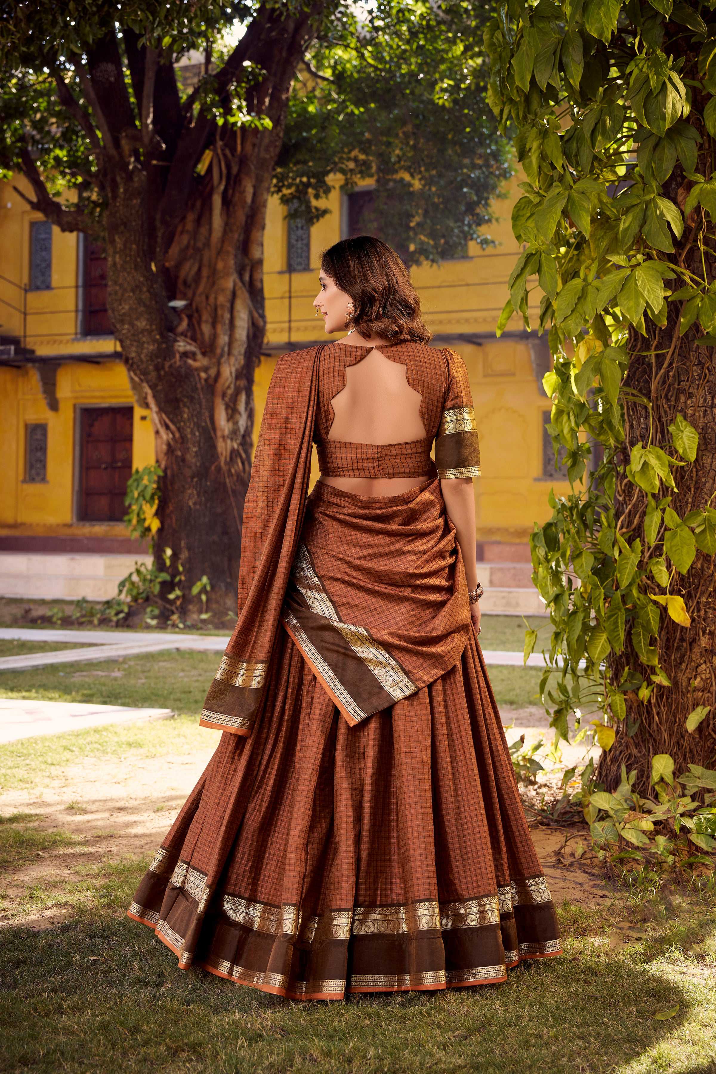 Evanik Orange Cotton With Chex Zari Weaving Lehenga Choli