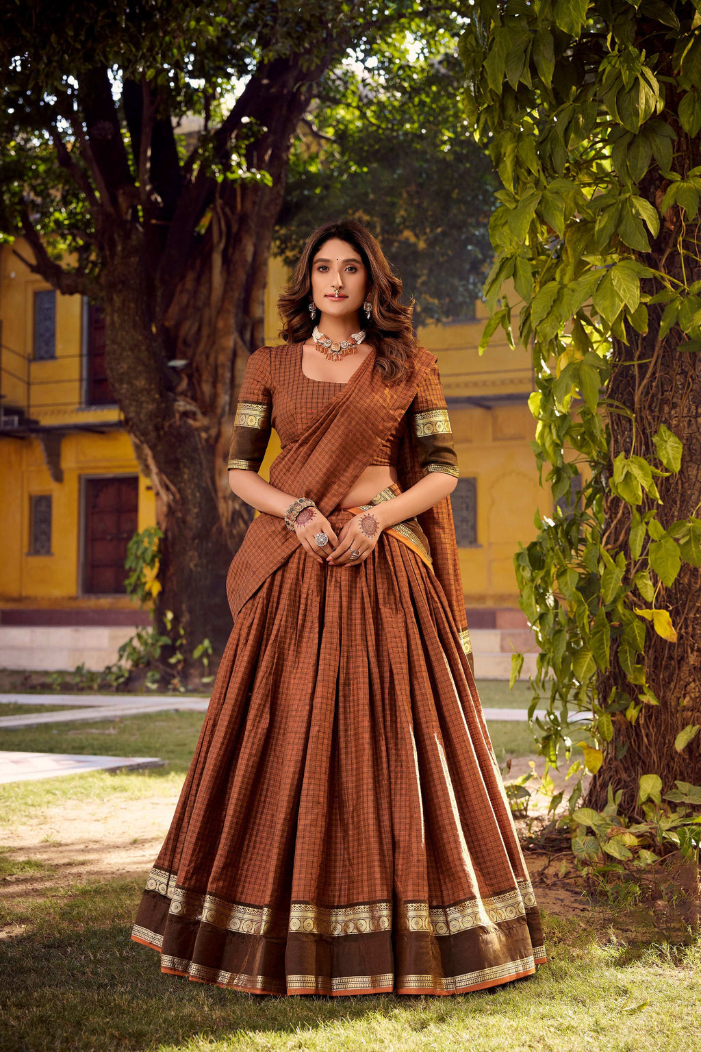 Evanik Orange Cotton With Chex Zari Weaving Lehenga Choli