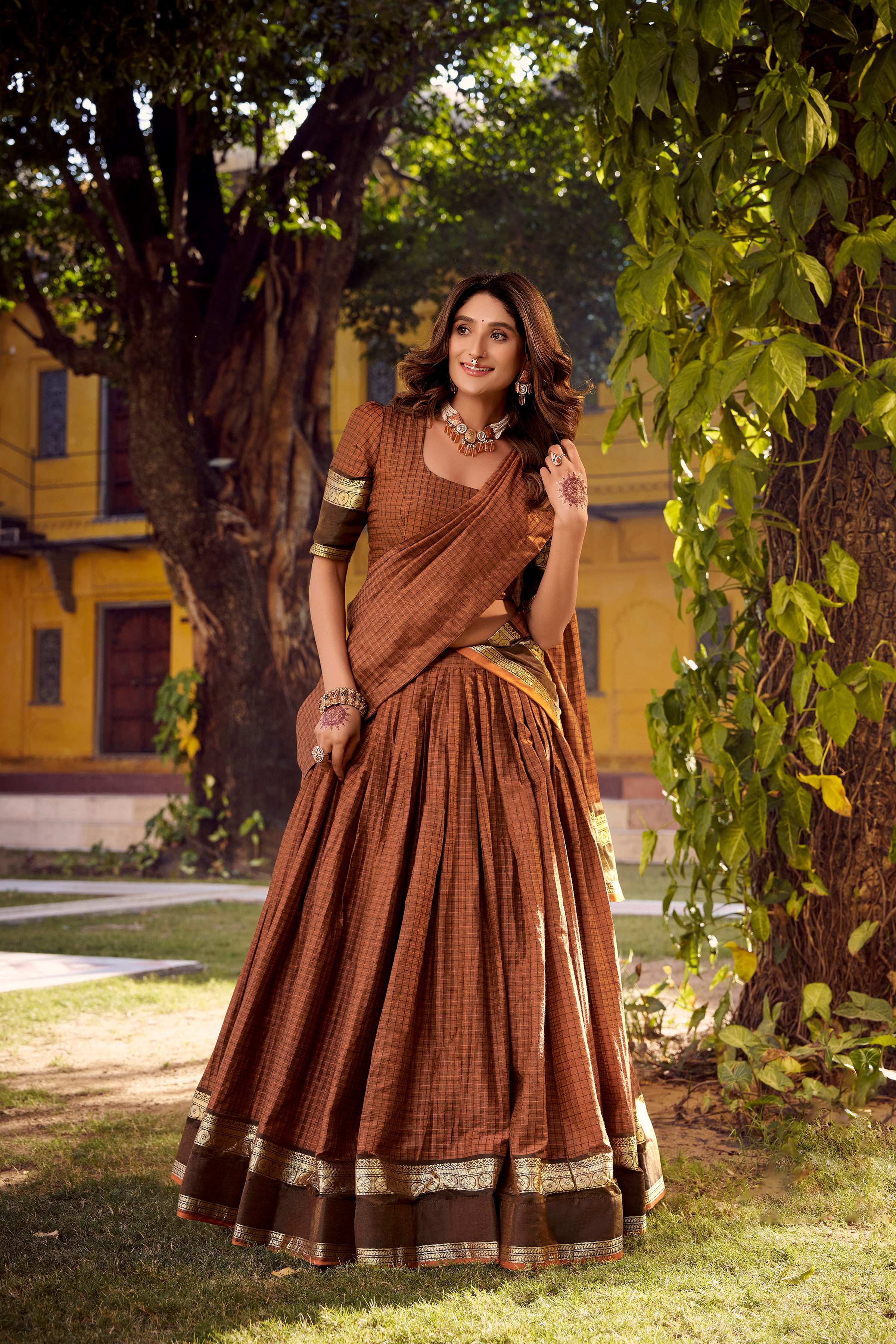 Evanik Orange Cotton With Chex Zari Weaving Lehenga Choli