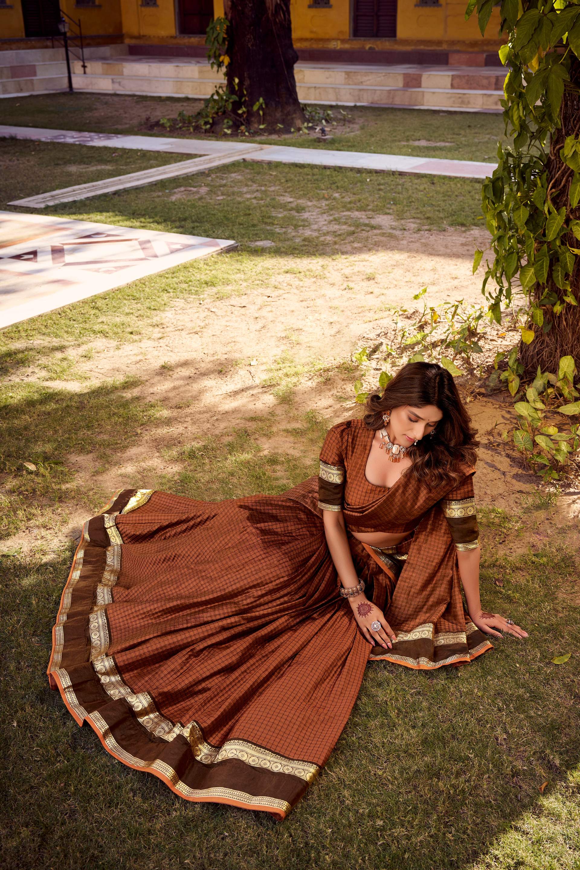 Evanik Orange Cotton With Chex Zari Weaving Lehenga Choli