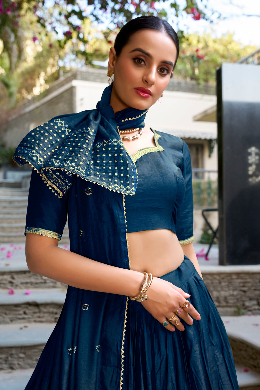 Evanik Women Pure Chanderi Plain With Zari Weaving Work Border Stitched Lehenga With Unstitched Blouse Dupatta