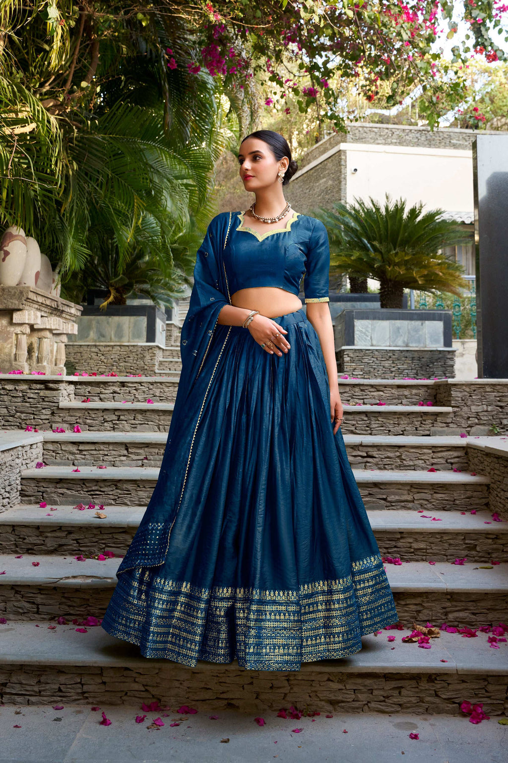 Evanik Women Pure Chanderi Plain With Zari Weaving Work Border Stitched Lehenga With Unstitched Blouse Dupatta
