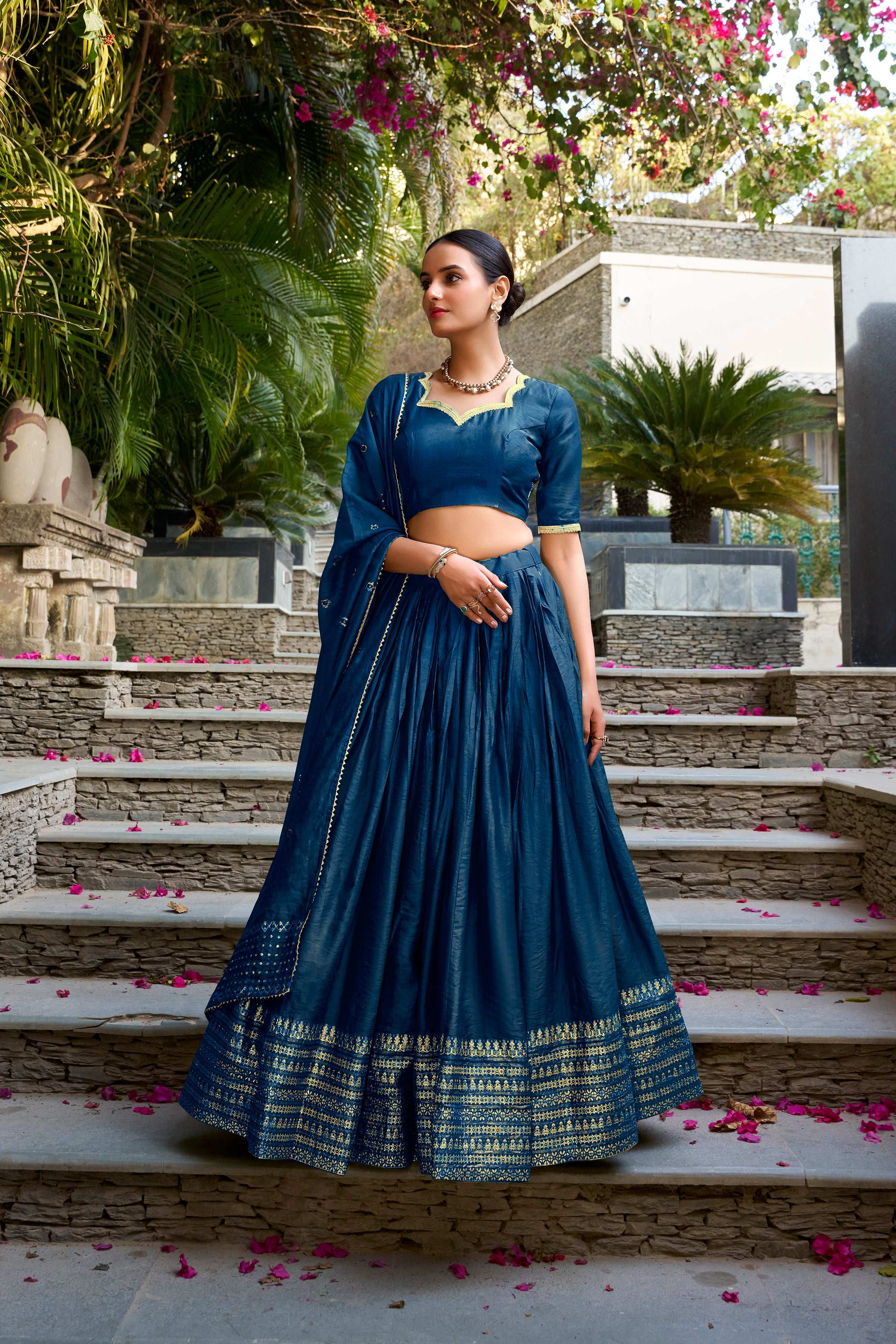 Evanik Women Pure Chanderi Plain With Zari Weaving Work Border Stitched Lehenga With Unstitched Blouse Dupatta