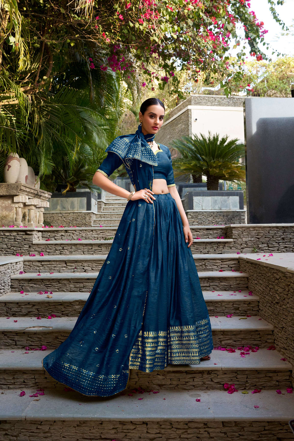 Evanik Women Pure Chanderi Plain With Zari Weaving Work Border Stitched Lehenga With Unstitched Blouse Dupatta