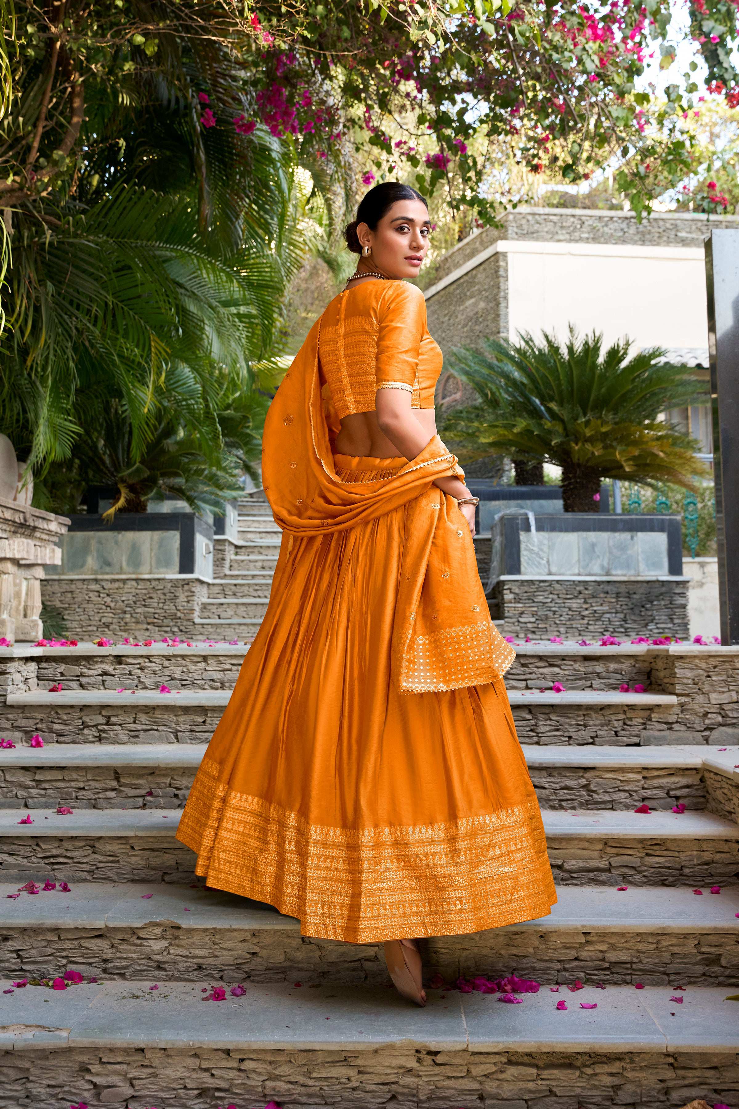 Evanik Women Pure Chanderi Plain With Zari Weaving Work Border Stitched Lehenga With Unstitched Blouse Dupatta