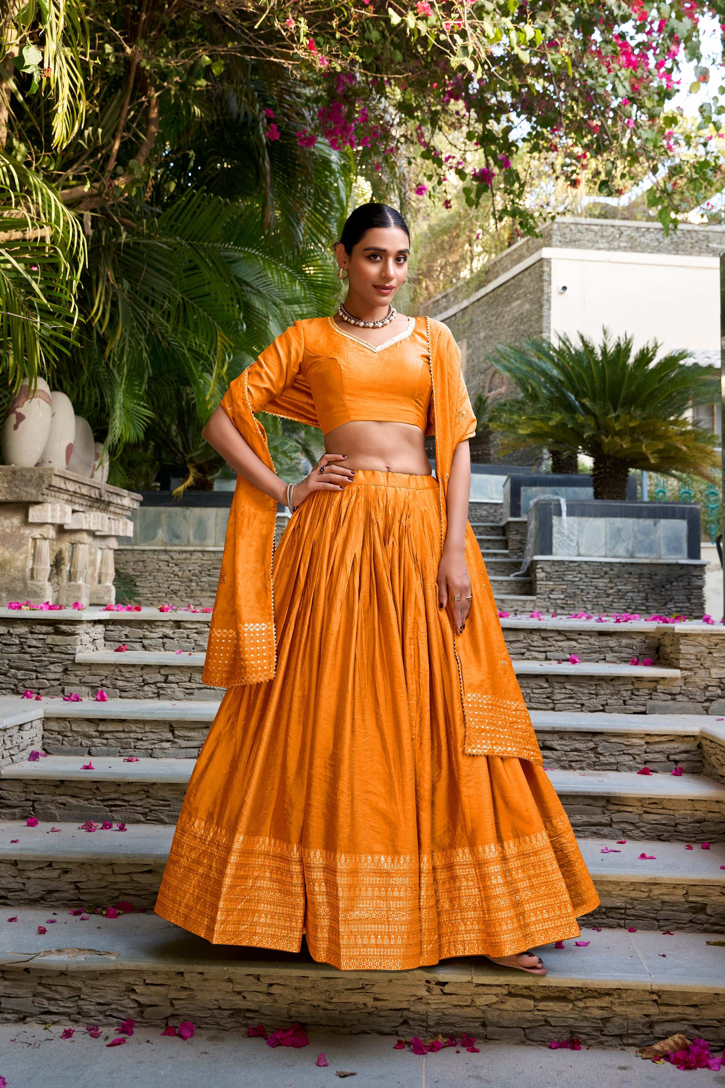 Evanik Women Pure Chanderi Plain With Zari Weaving Work Border Stitched Lehenga With Unstitched Blouse Dupatta
