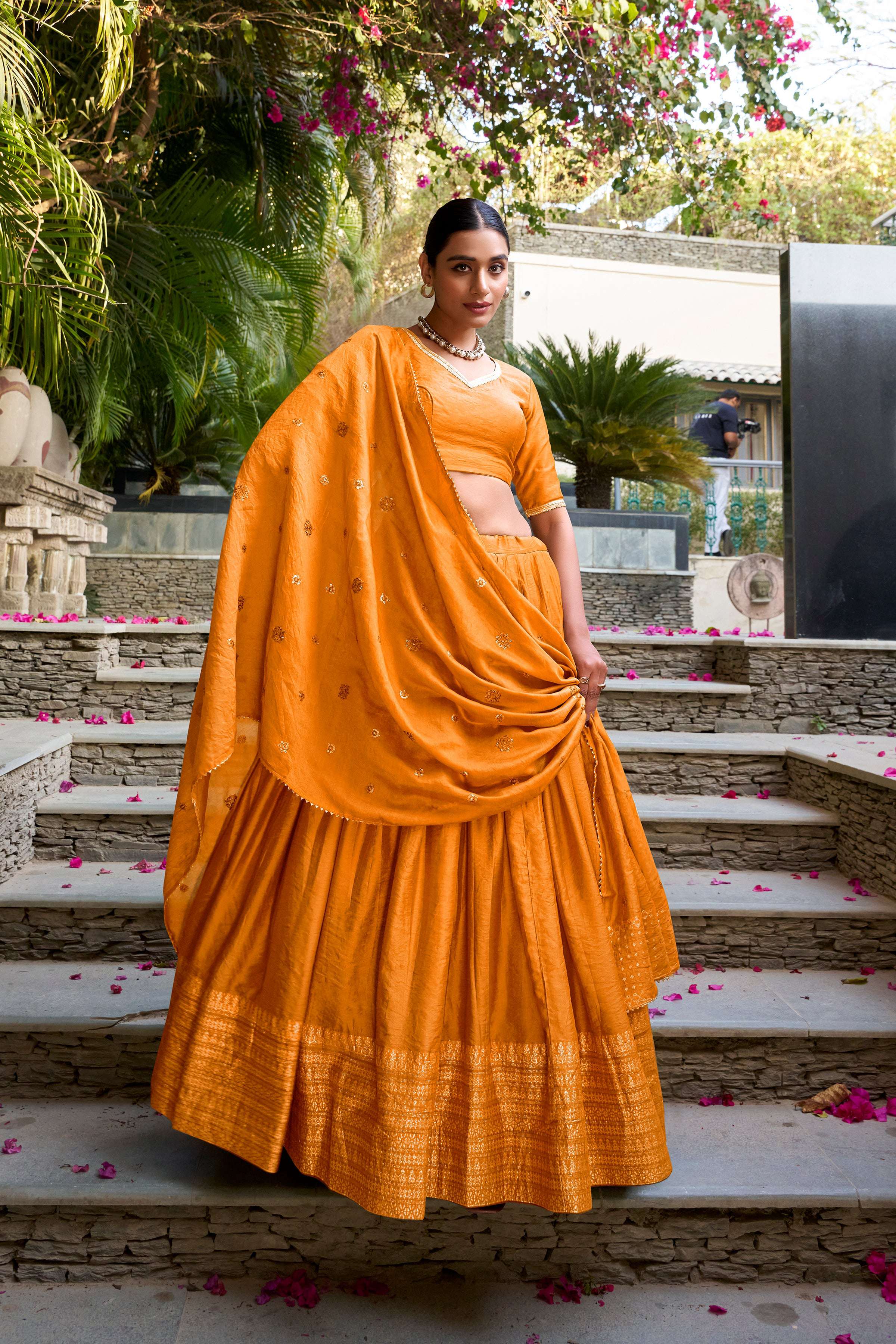 Evanik Women Pure Chanderi Plain With Zari Weaving Work Border Stitched Lehenga With Unstitched Blouse Dupatta
