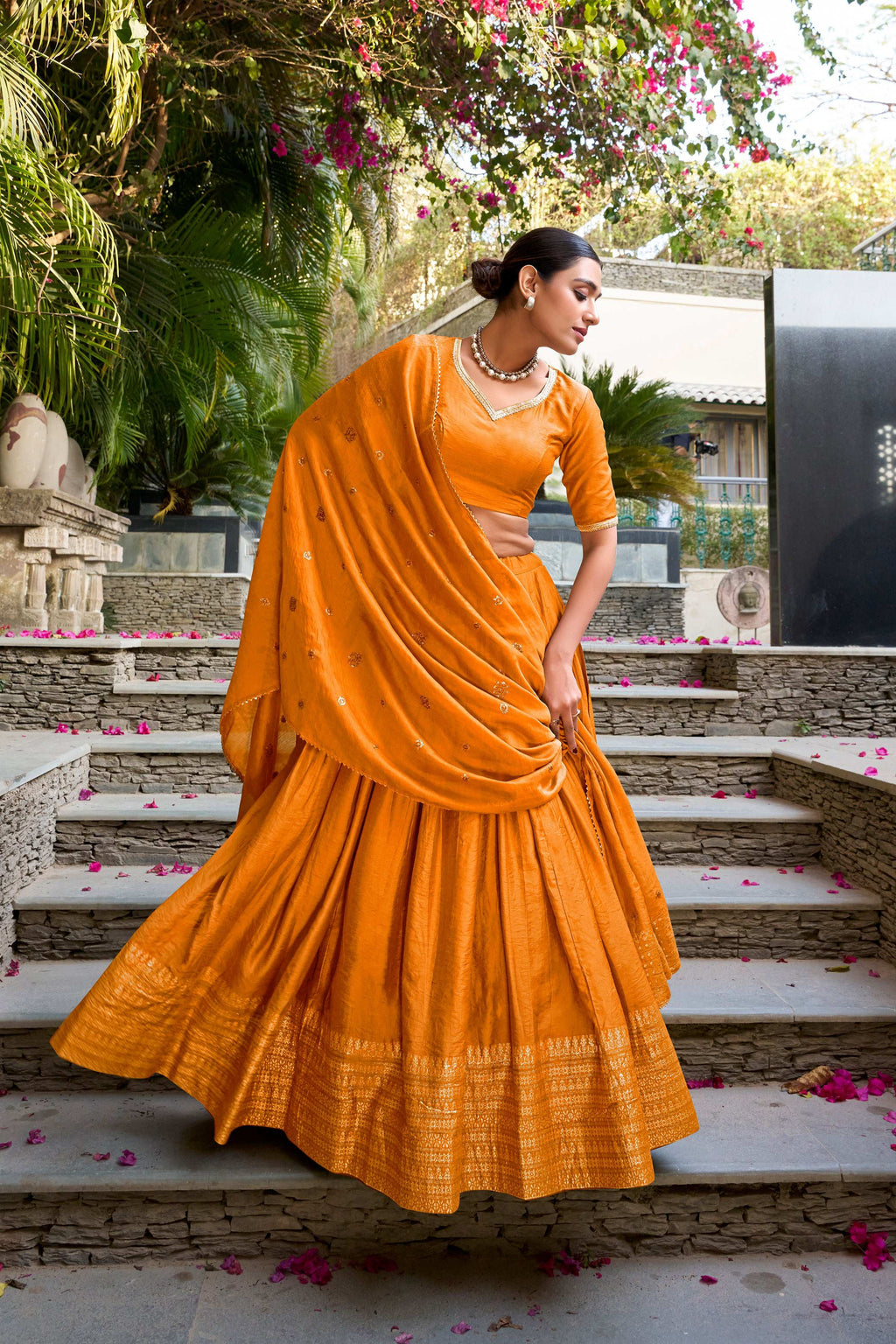 Evanik Women Pure Chanderi Plain With Zari Weaving Work Border Stitched Lehenga With Unstitched Blouse Dupatta