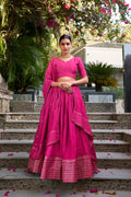 Evanik Women Pure Chanderi Plain With Zari Weaving Work Border Stitched Lehenga With Unstitched Blouse Dupatta