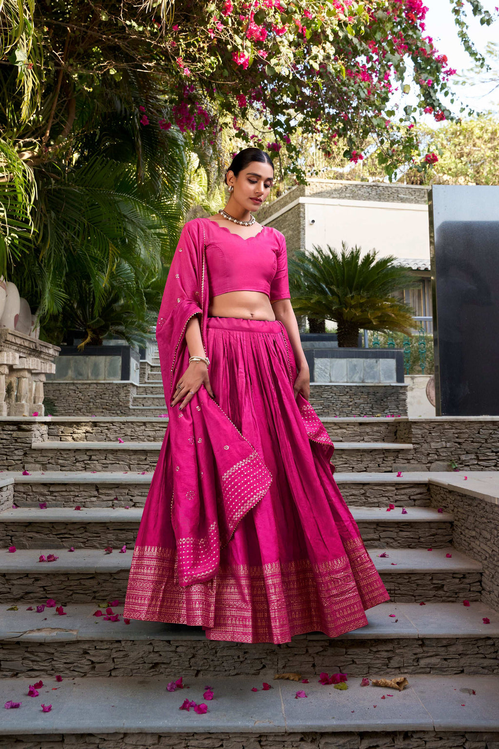 Evanik Women Pure Chanderi Plain With Zari Weaving Work Border Stitched Lehenga With Unstitched Blouse Dupatta