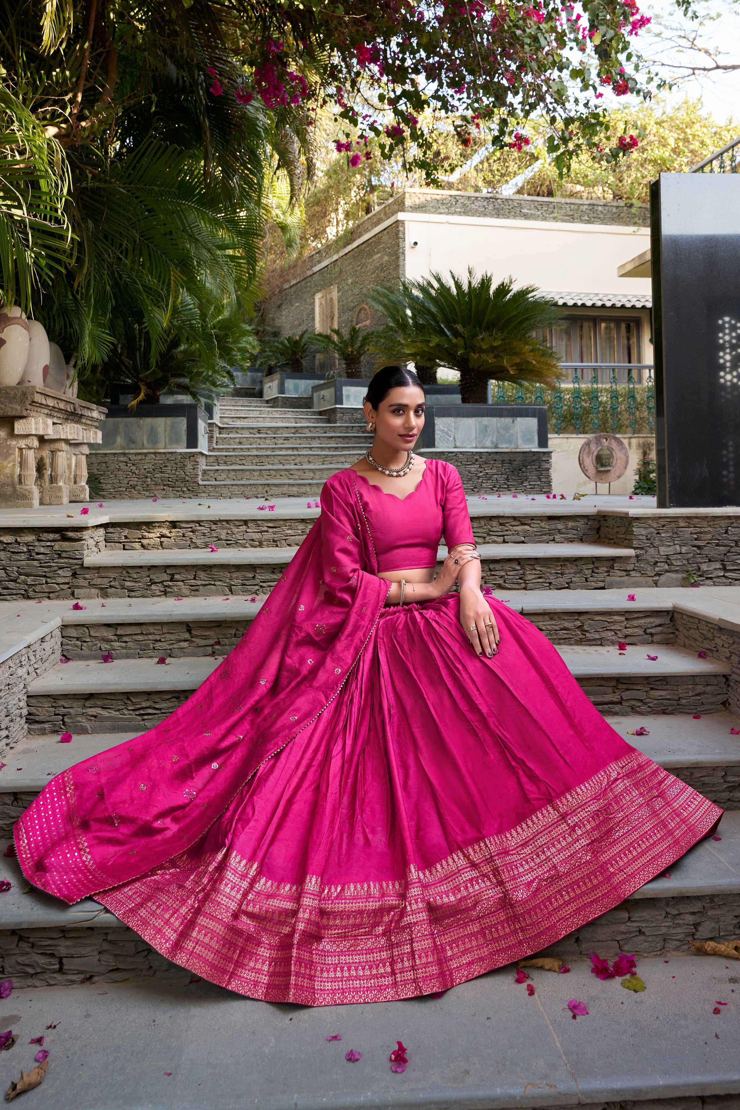 Evanik Women Pure Chanderi Plain With Zari Weaving Work Border Stitched Lehenga With Unstitched Blouse Dupatta