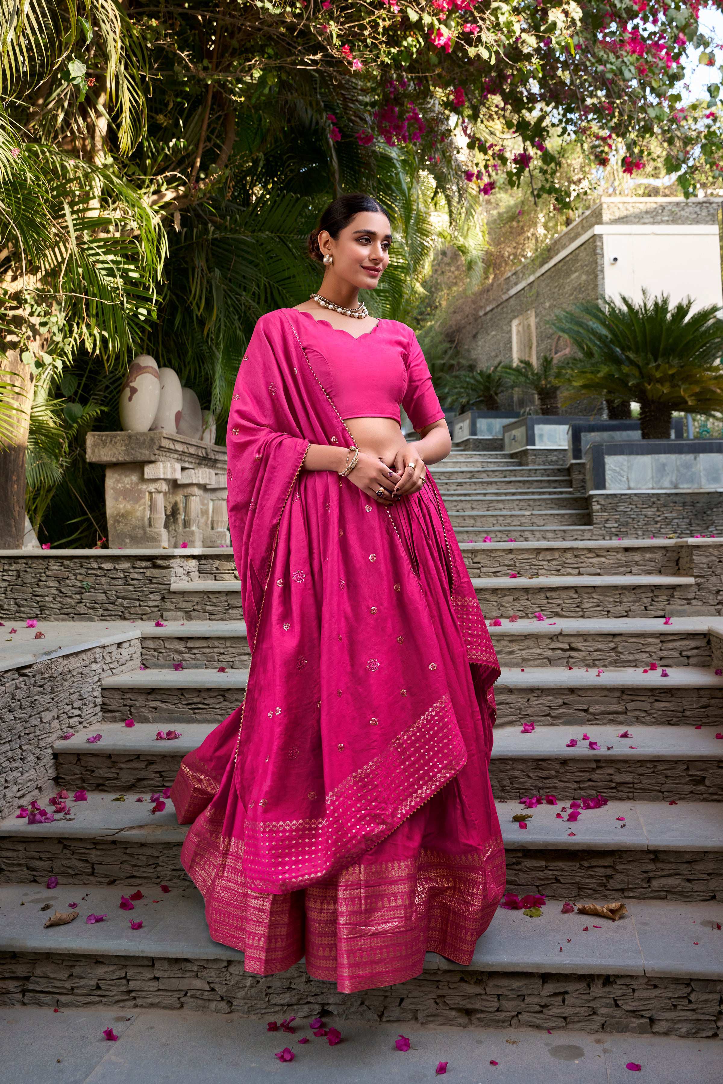 Evanik Women Pure Chanderi Plain With Zari Weaving Work Border Stitched Lehenga With Unstitched Blouse Dupatta