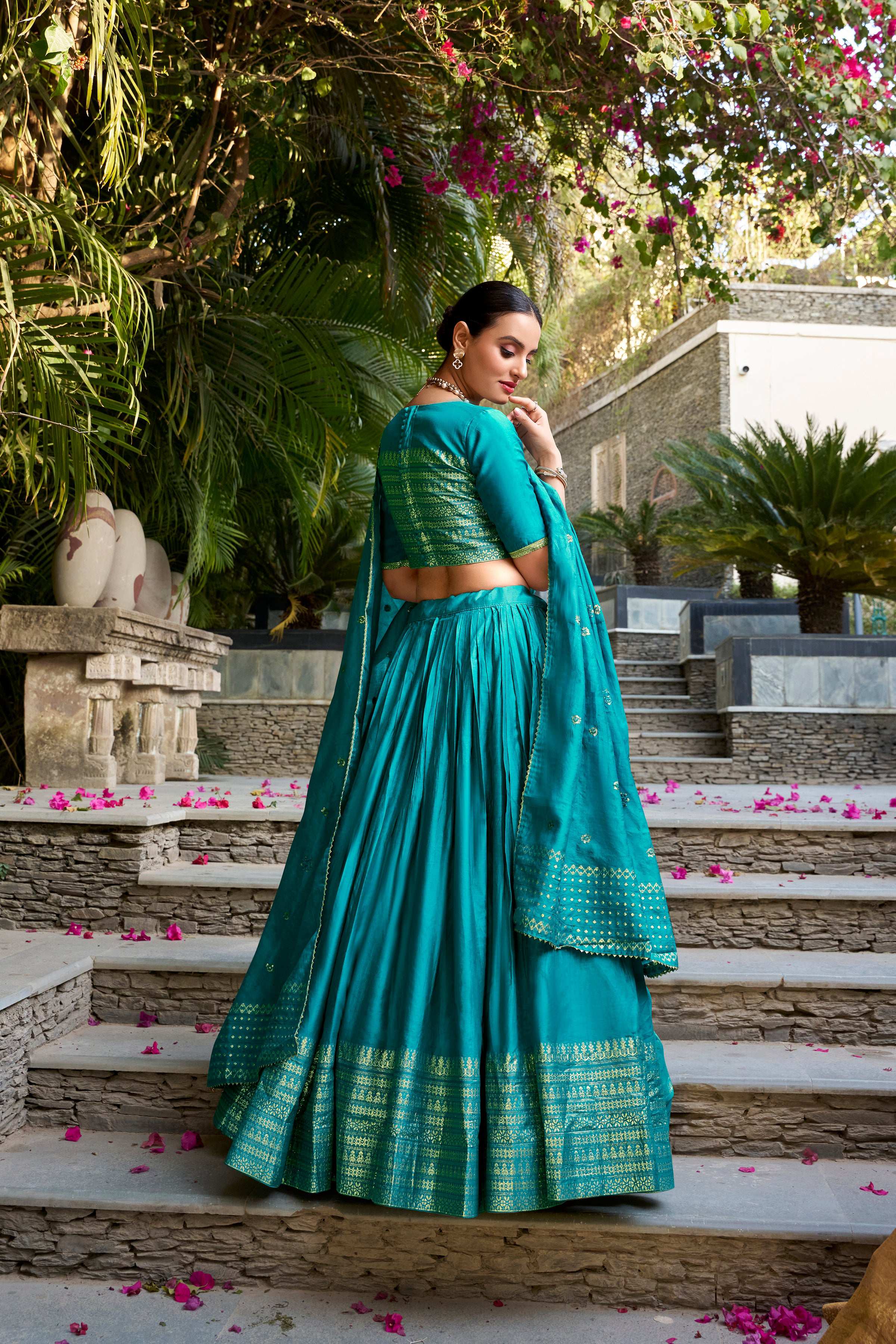 Evanik Women Pure Chanderi Plain With Zari Weaving Work Border Stitched Lehenga With Unstitched Blouse Dupatta