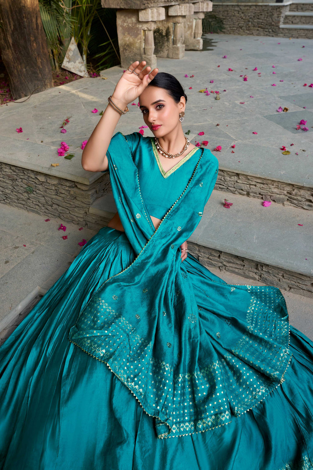 Evanik Women Pure Chanderi Plain With Zari Weaving Work Border Stitched Lehenga With Unstitched Blouse Dupatta