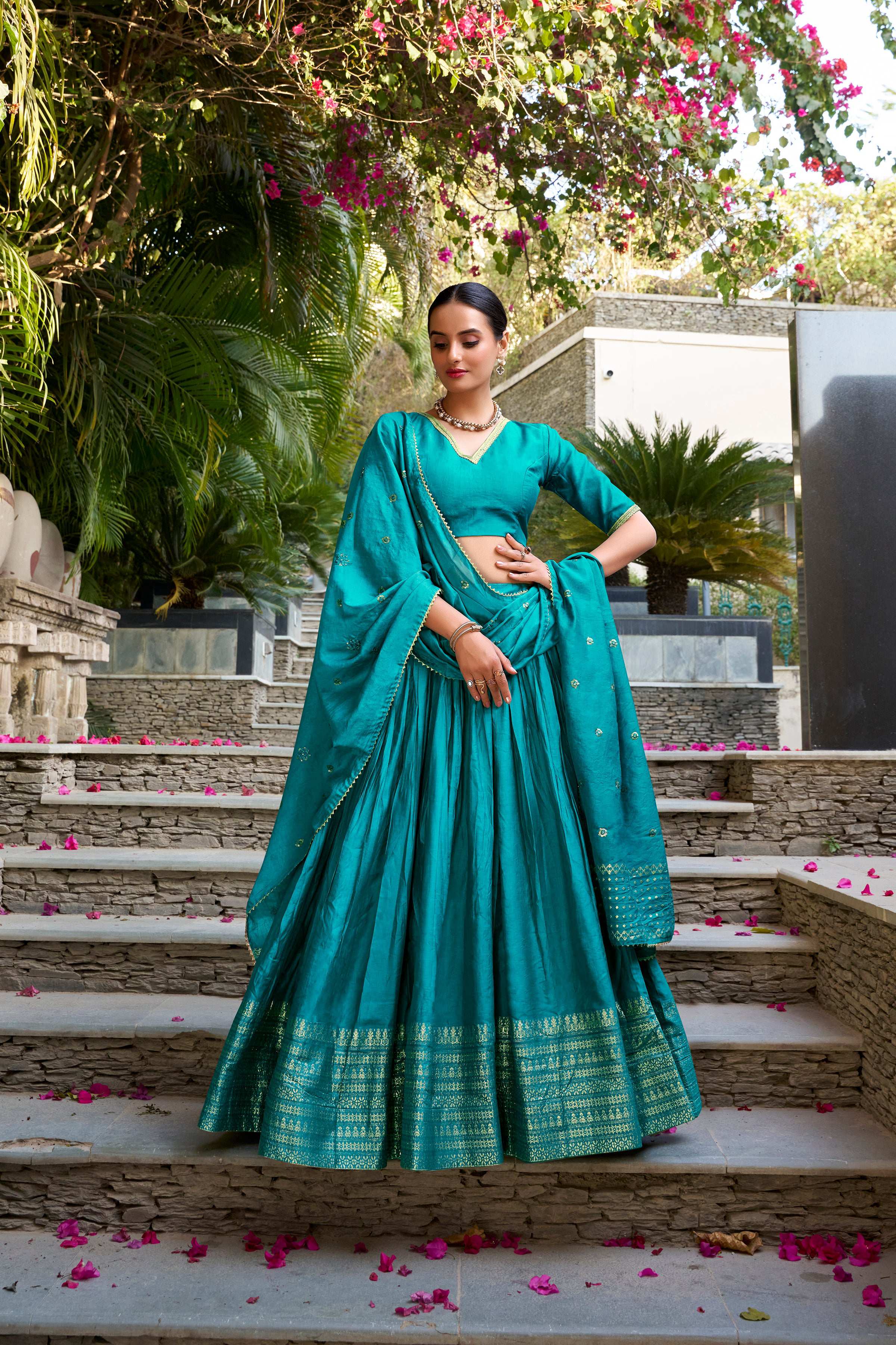 Evanik Women Pure Chanderi Plain With Zari Weaving Work Border Stitched Lehenga With Unstitched Blouse Dupatta