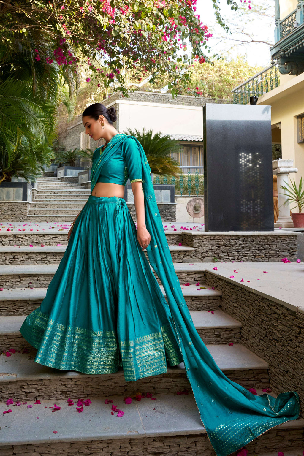 Evanik Women Pure Chanderi Plain With Zari Weaving Work Border Stitched Lehenga With Unstitched Blouse Dupatta