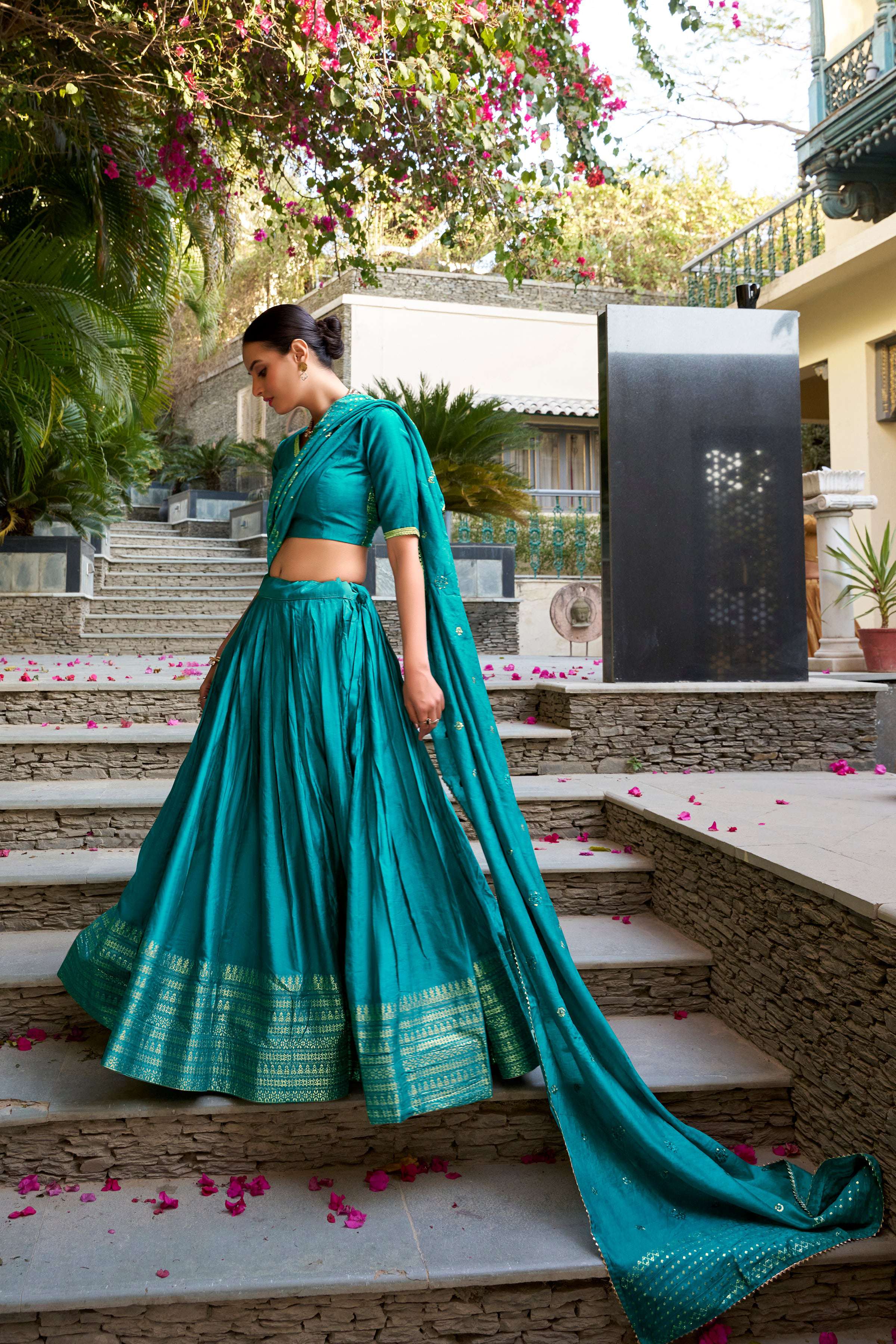 Evanik Women Pure Chanderi Plain With Zari Weaving Work Border Stitched Lehenga With Unstitched Blouse Dupatta