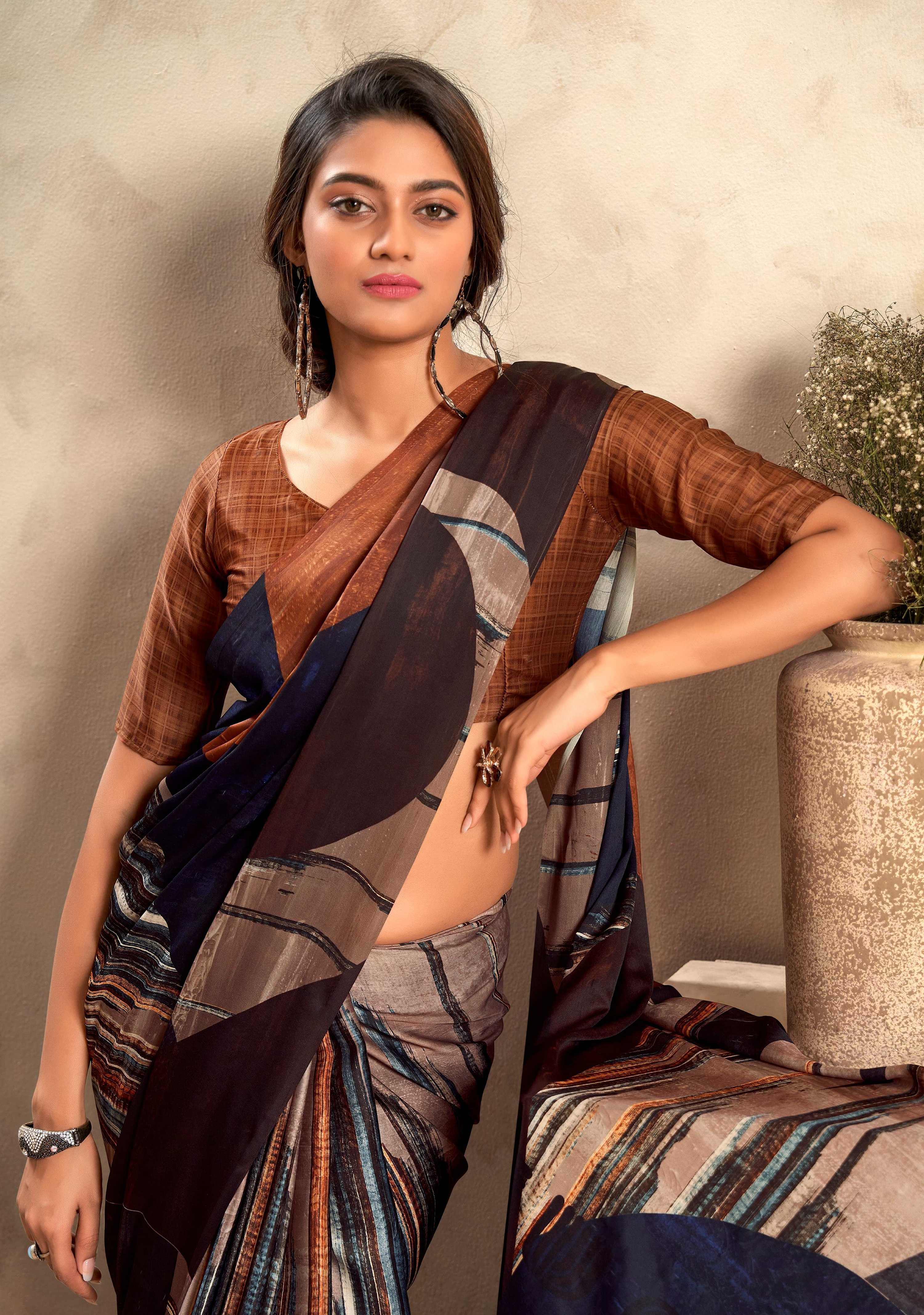Anaita Brown Soft Satin Silk With Zari Weaving Saree With Blouse