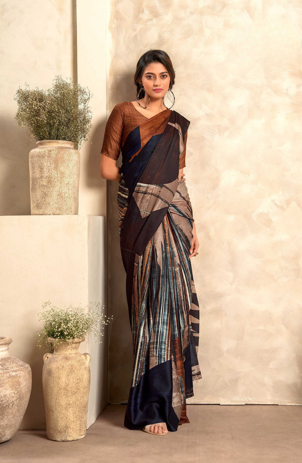 Anaita Brown Soft Satin Silk With Zari Weaving Saree With Blouse