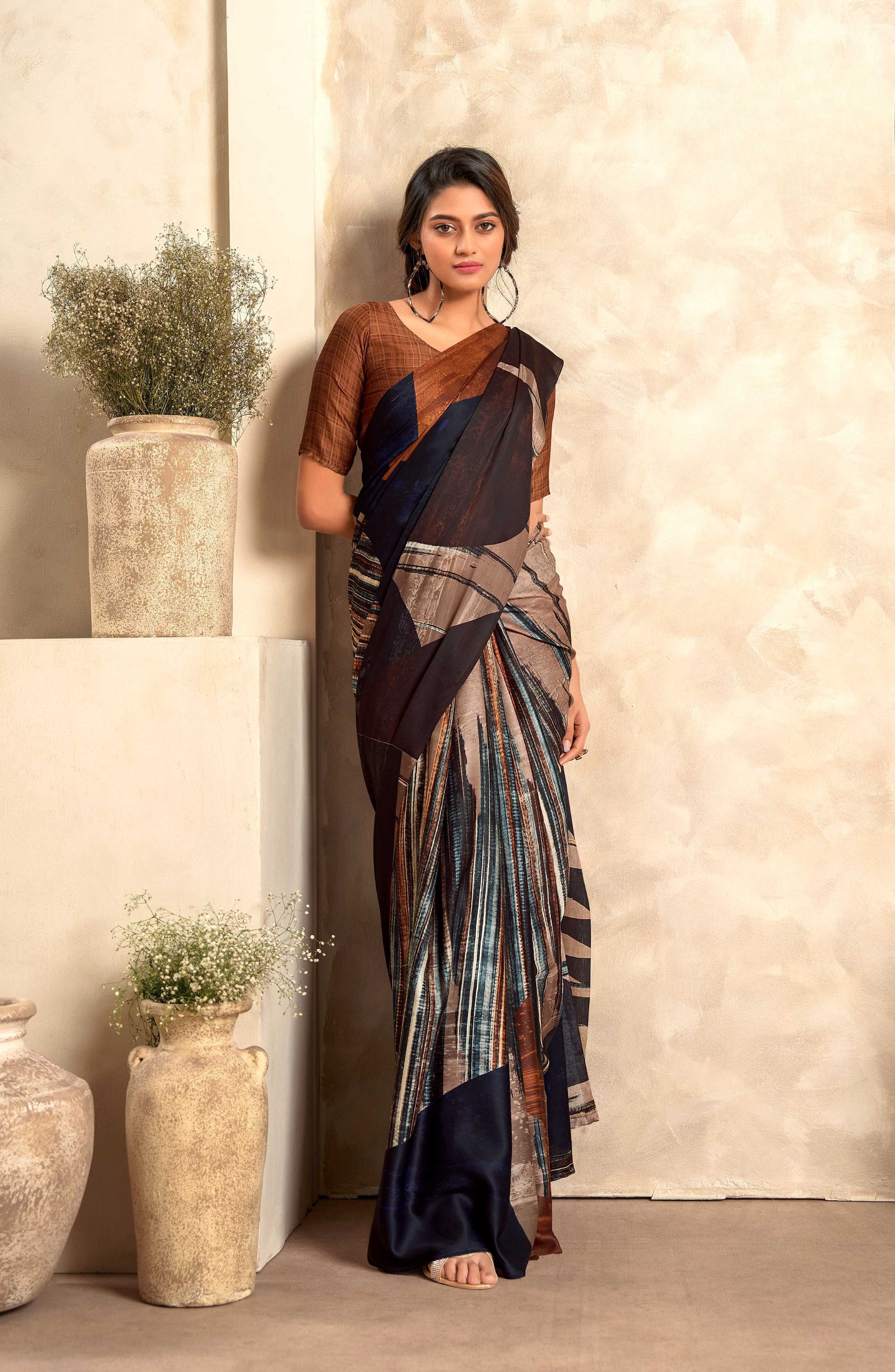 Anaita Brown Soft Satin Silk With Zari Weaving Saree With Blouse