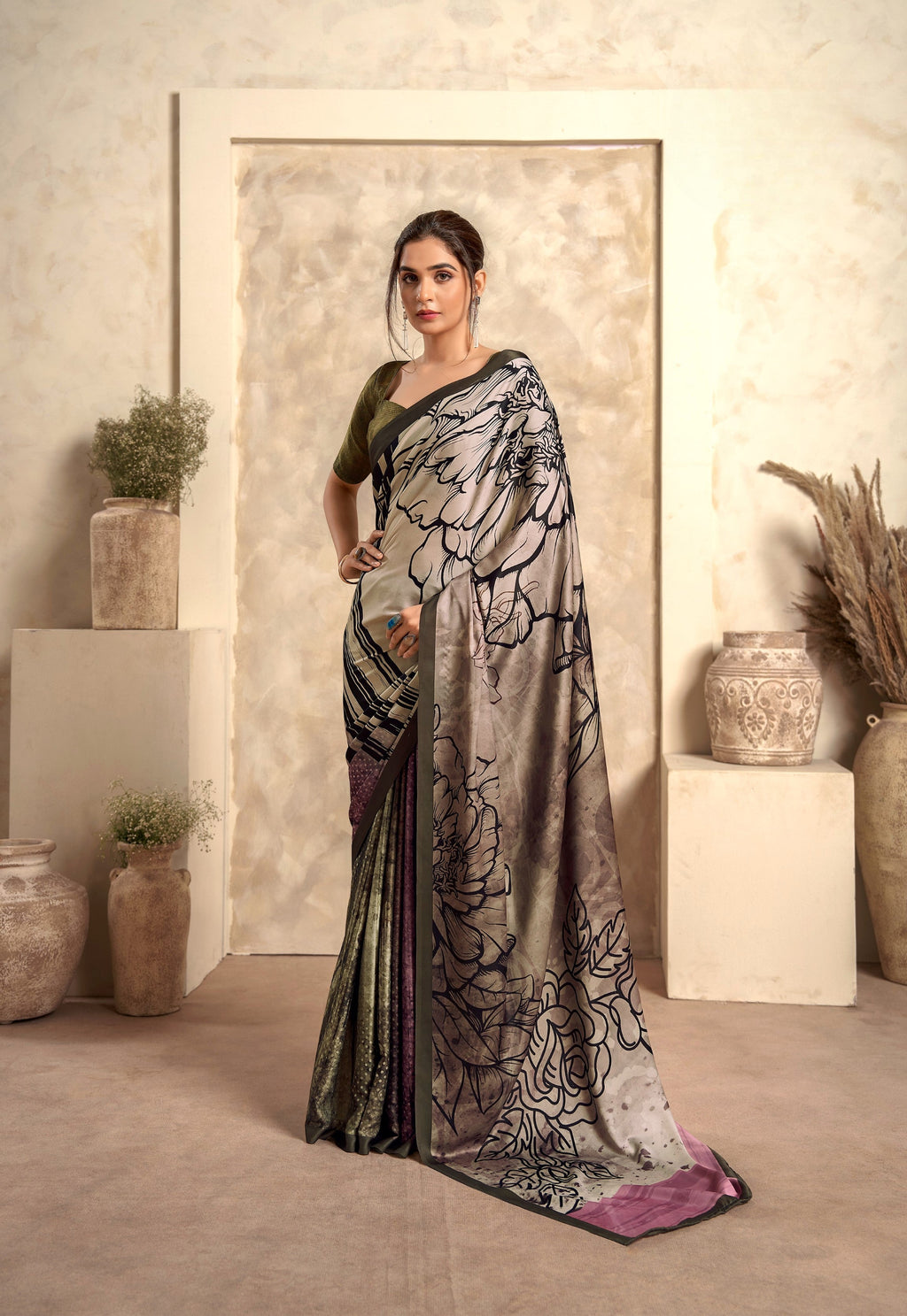 Anaita Light Brown Soft Satin Silk With Zari Weaving Saree With Blouse
