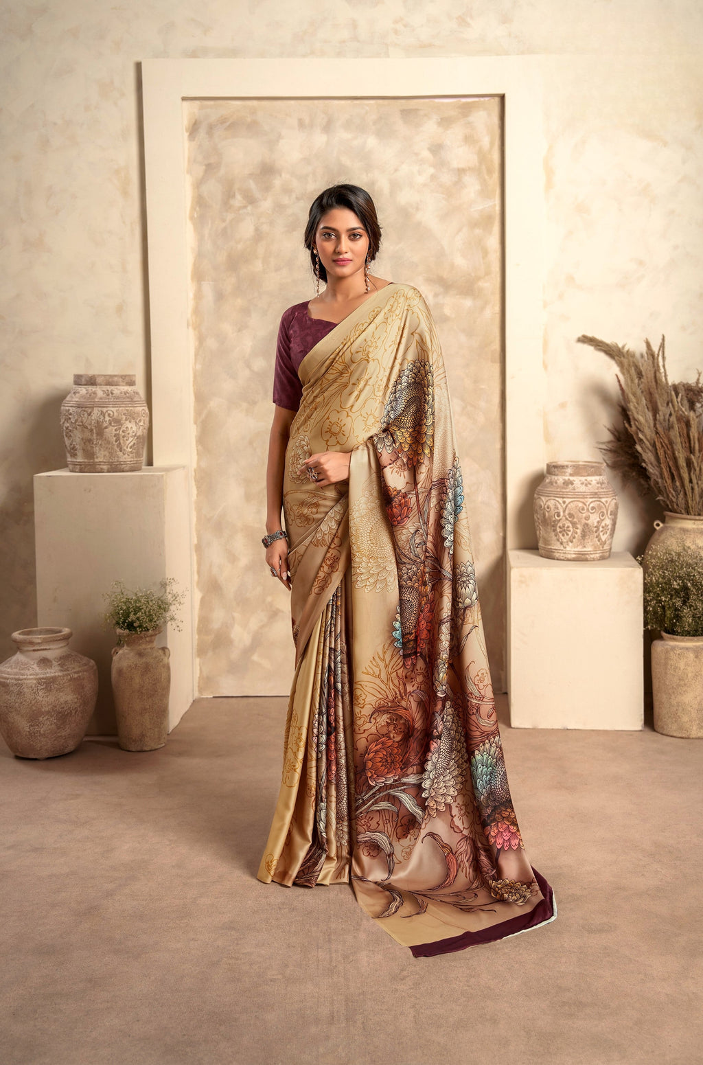 Anaita Dark Cream Soft Satin Silk With Zari Weaving Saree With Blouse