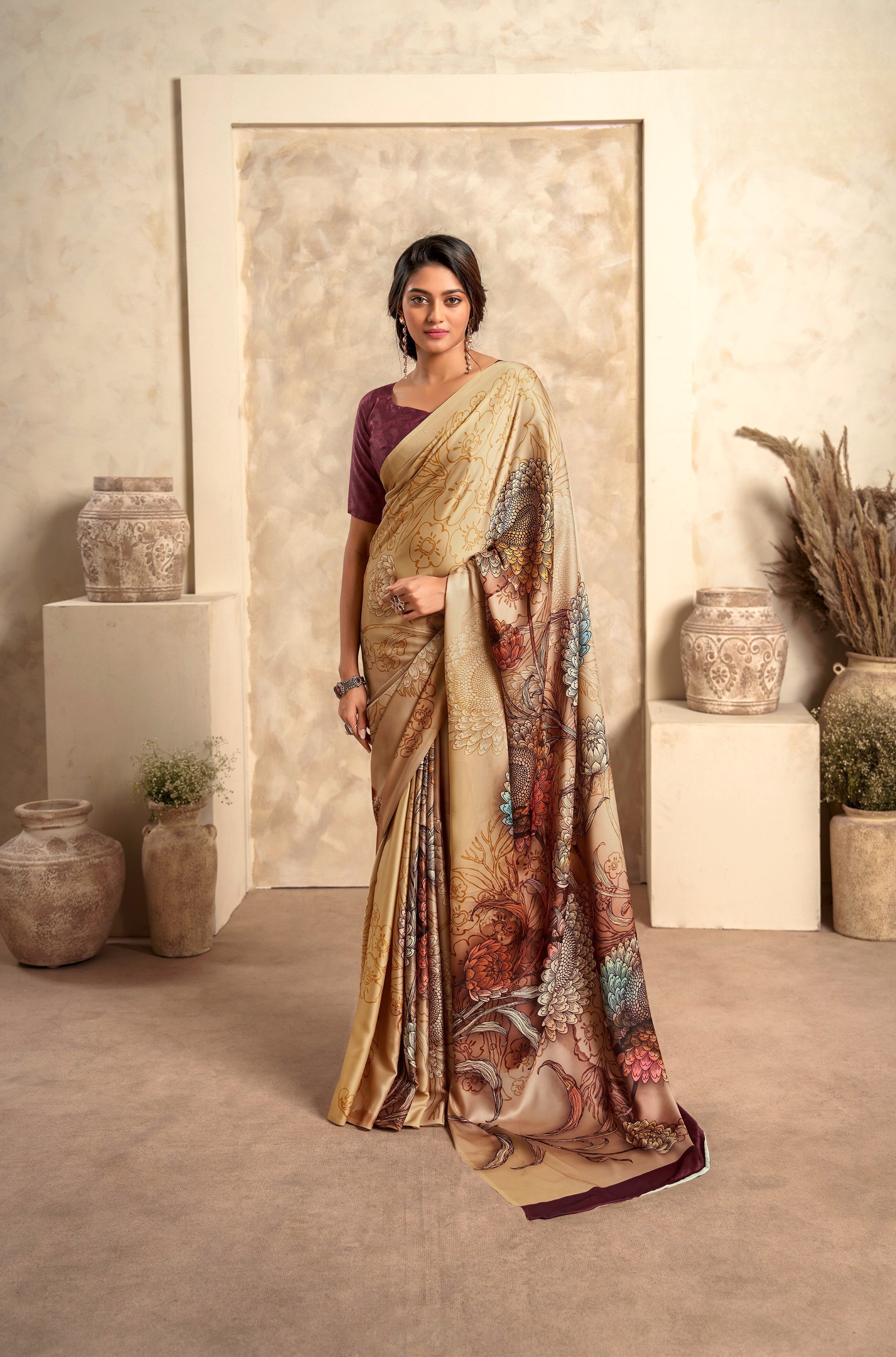 Anaita Dark Cream Soft Satin Silk With Zari Weaving Saree With Blouse