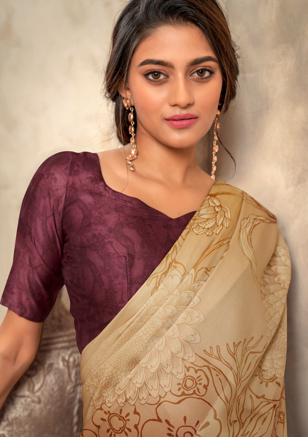Anaita Dark Cream Soft Satin Silk With Zari Weaving Saree With Blouse