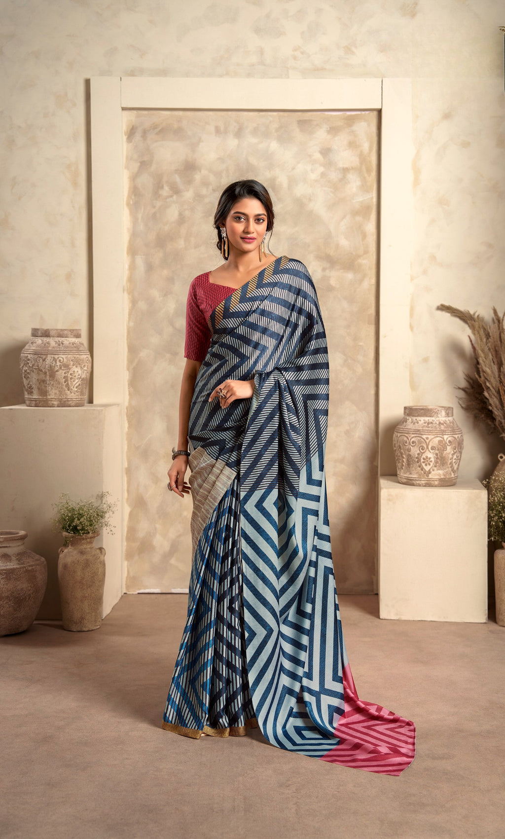 Anaita Dark Navy Blue Soft Satin Silk With Zari Weaving Saree With Blouse