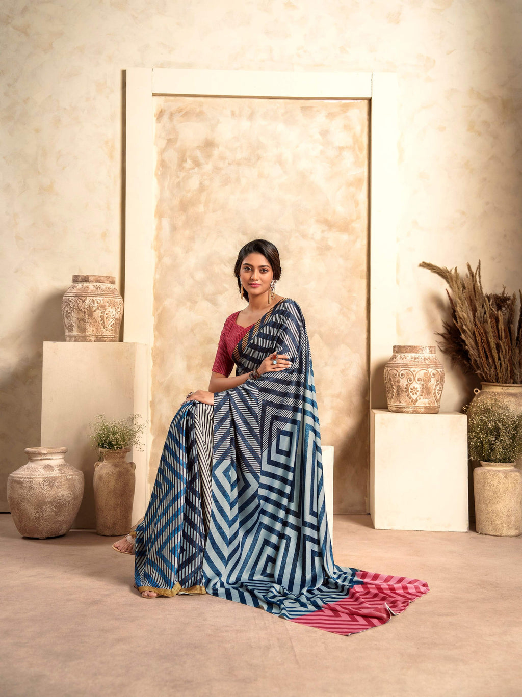 Anaita Dark Navy Blue Soft Satin Silk With Zari Weaving Saree With Blouse