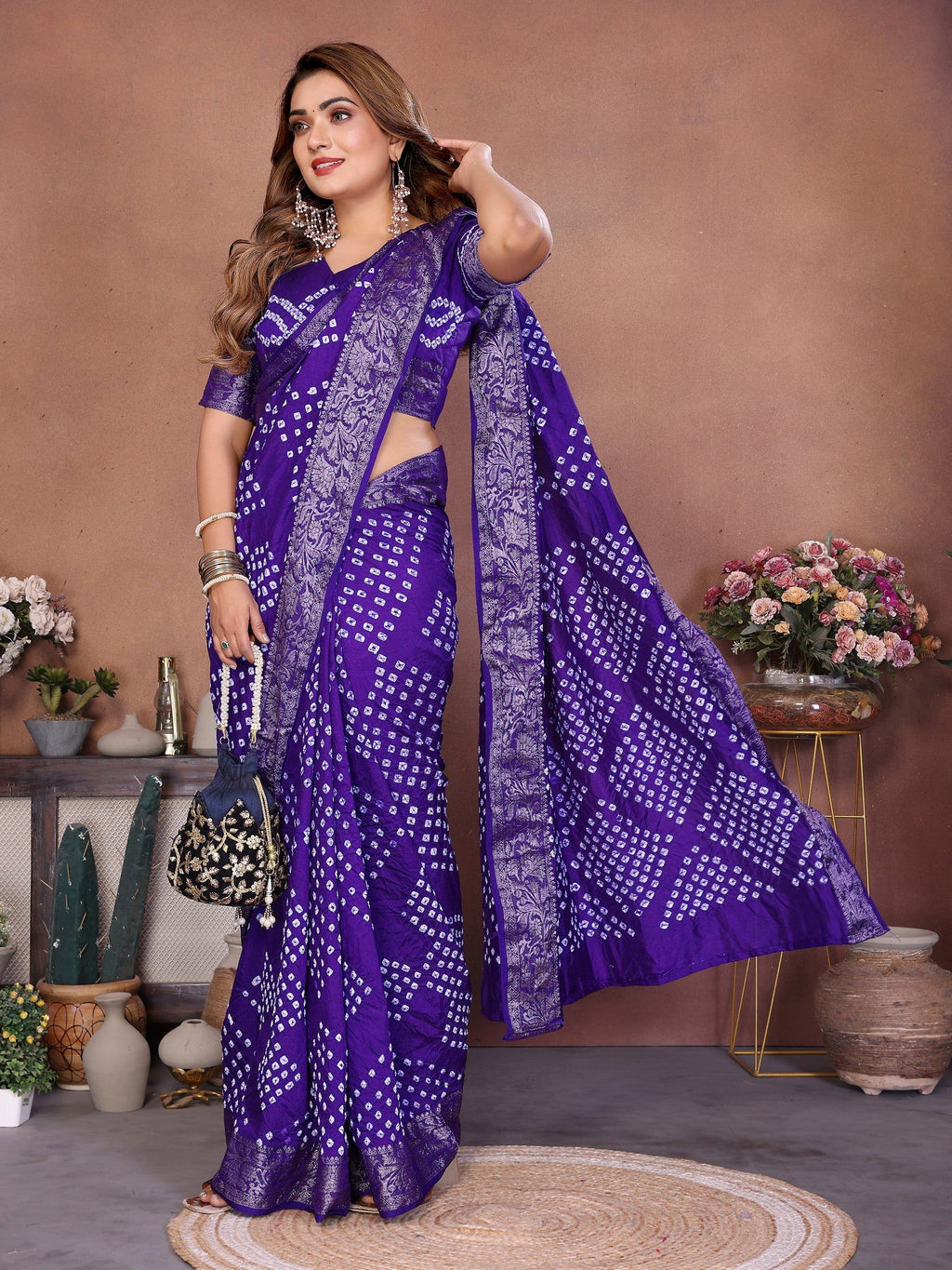 Anaita Blue Handmade Bandhej Viscose Silk Saree With Blouse