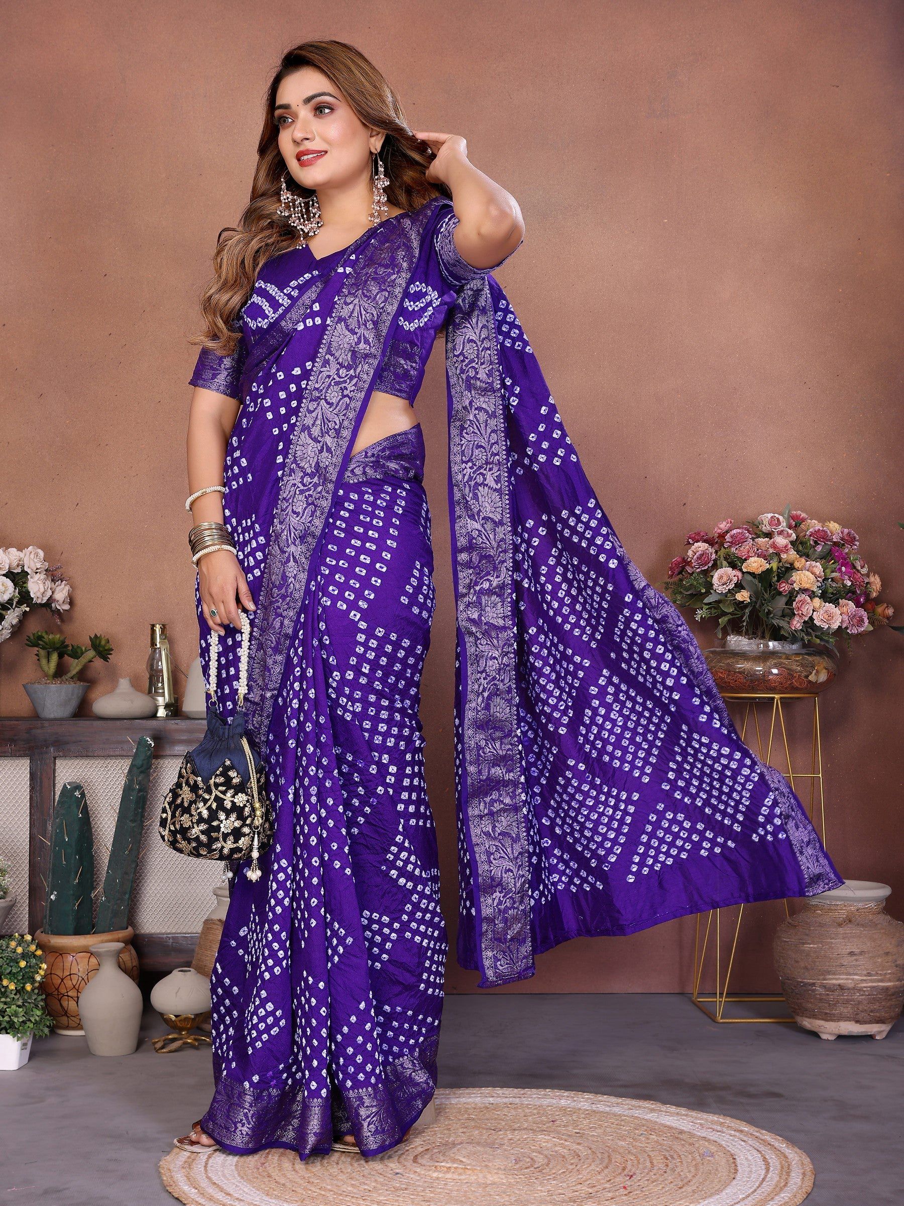 Anaita Blue Handmade Bandhej Viscose Silk Saree With Blouse
