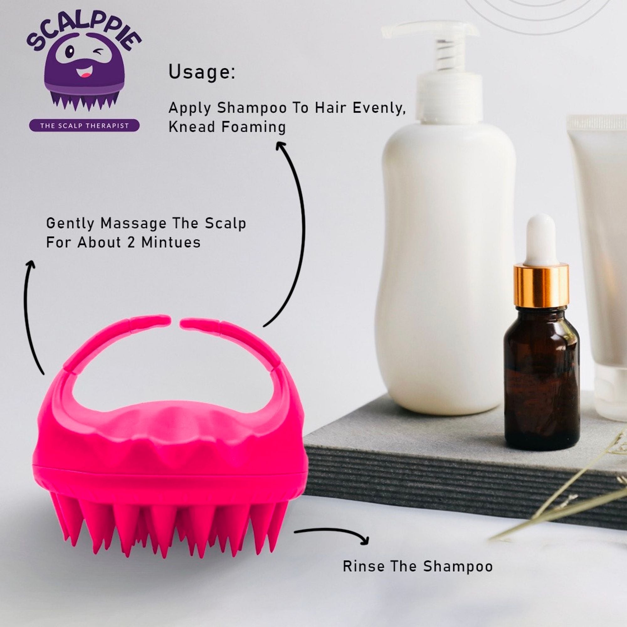 Scalppie Silicon Hair Scalp Massager & Shampoo Brush Scrub For Hair Growth & Anti Dandruff - Pink